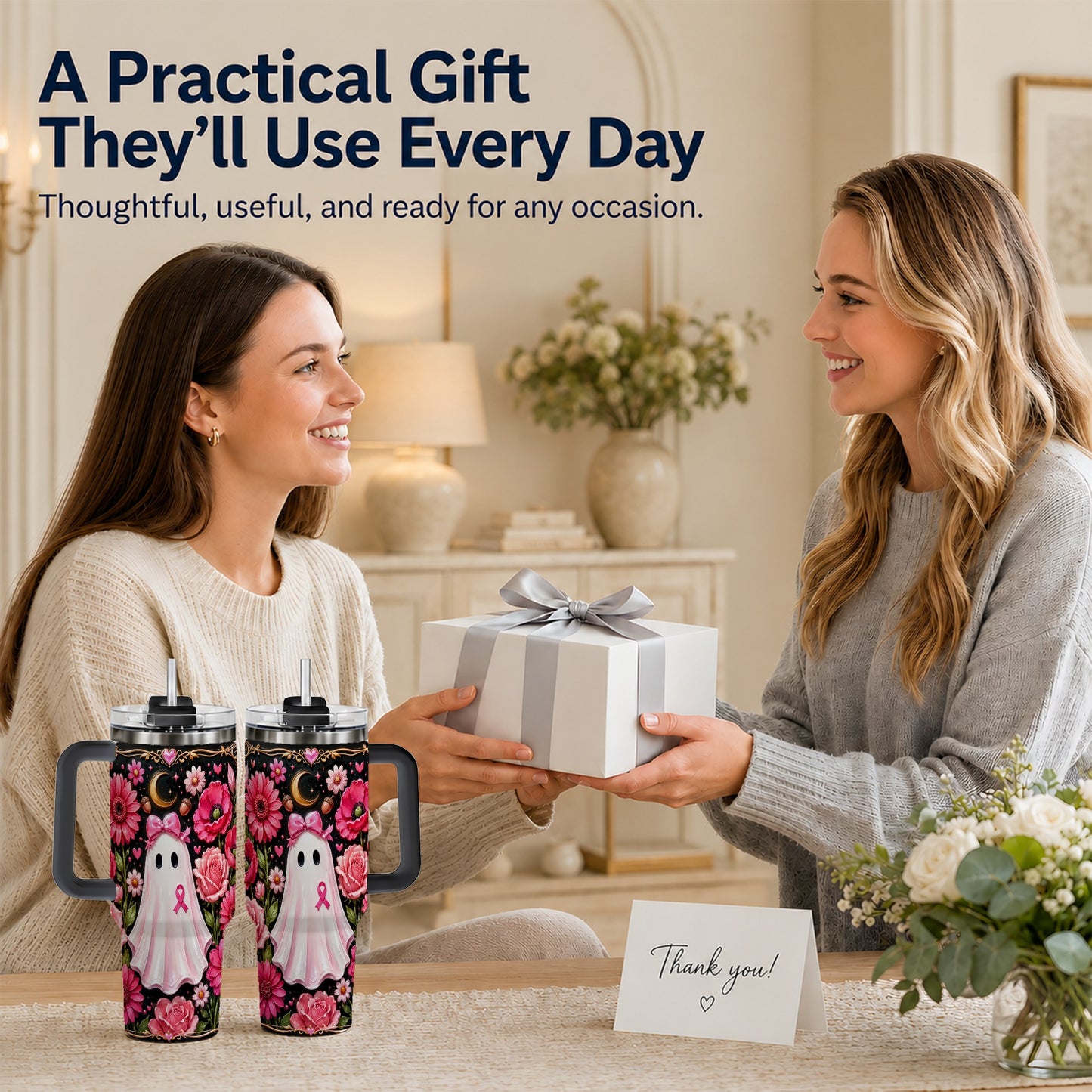 #pl[40oz|Black] Ribbon Ghost 40oz Tumbler with Handle, Floral Awareness Travel Cup
