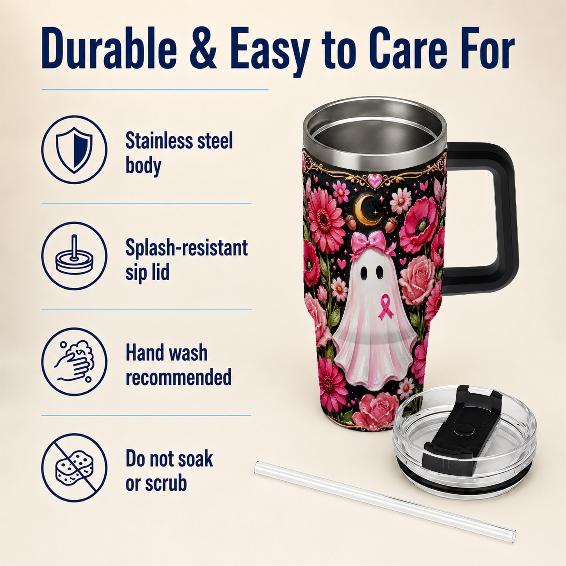 #pl[40oz|Black] Ribbon Ghost 40oz Tumbler with Handle, Floral Awareness Travel Cup