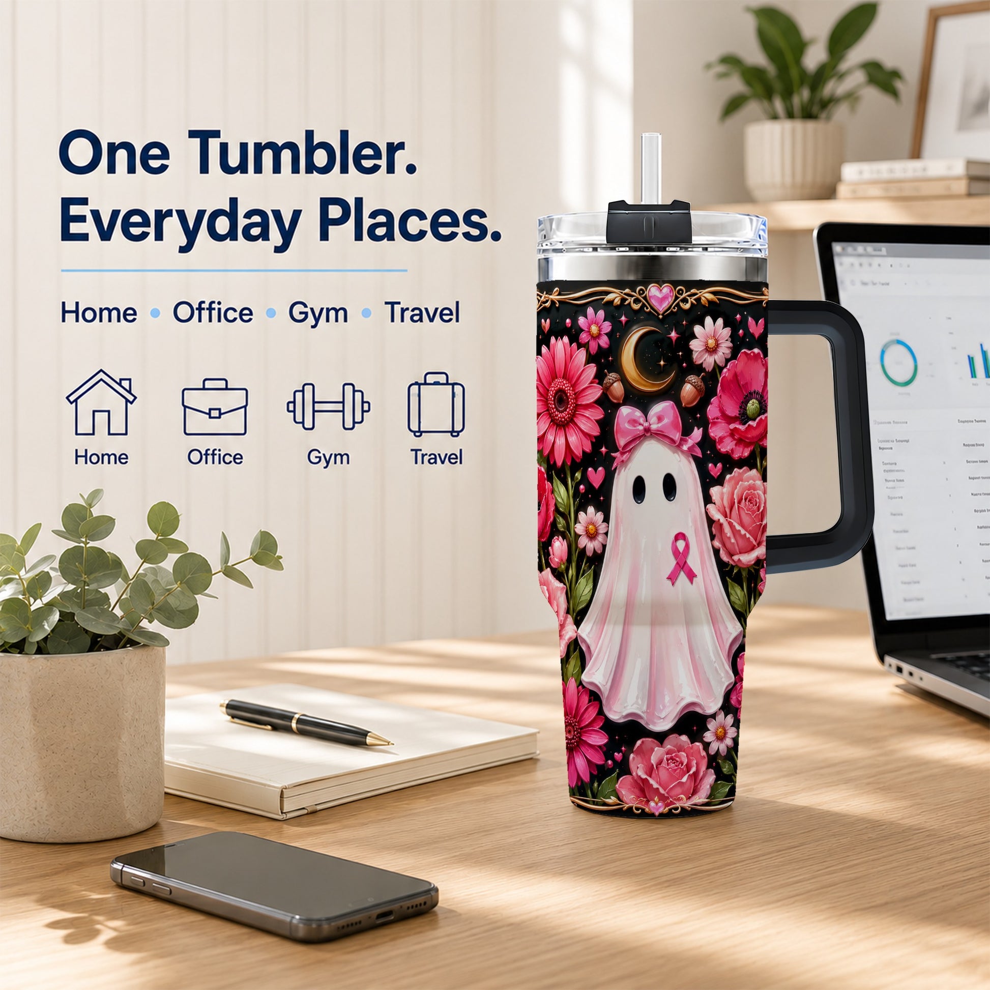 #pl[40oz|Black] Ribbon Ghost 40oz Tumbler with Handle, Floral Awareness Travel Cup