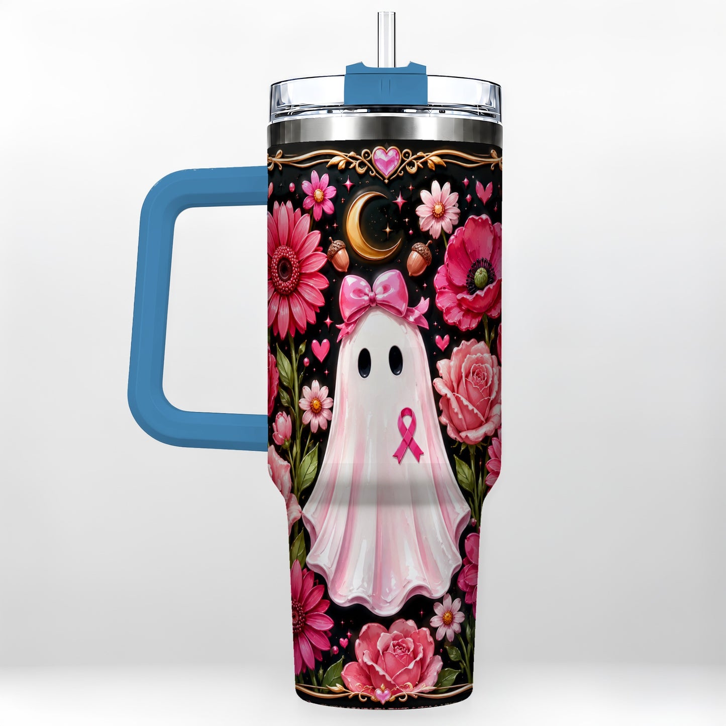 #pl[40oz|Blue] Ribbon Ghost 40oz Tumbler with Handle, Floral Awareness Travel Cup