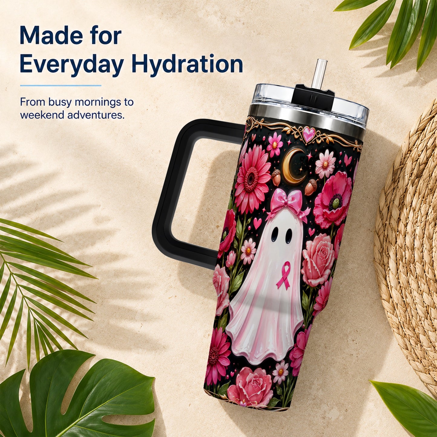#pl[40oz|Black] Ribbon Ghost 40oz Tumbler with Handle, Floral Awareness Travel Cup