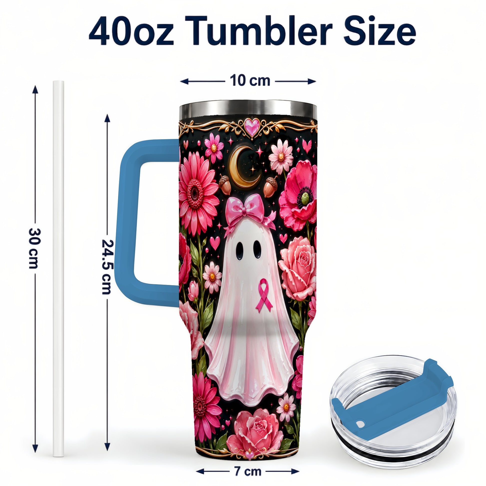 #pl[40oz|Blue] Ribbon Ghost 40oz Tumbler with Handle, Floral Awareness Travel Cup