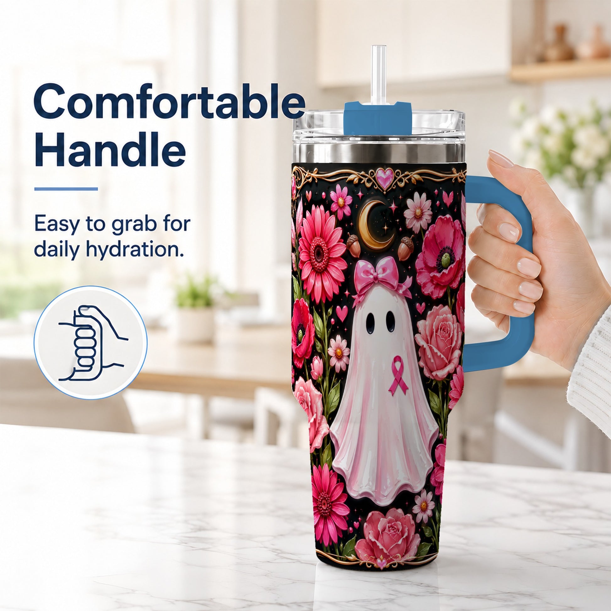 #pl[40oz|Blue] Ribbon Ghost 40oz Tumbler with Handle, Floral Awareness Travel Cup