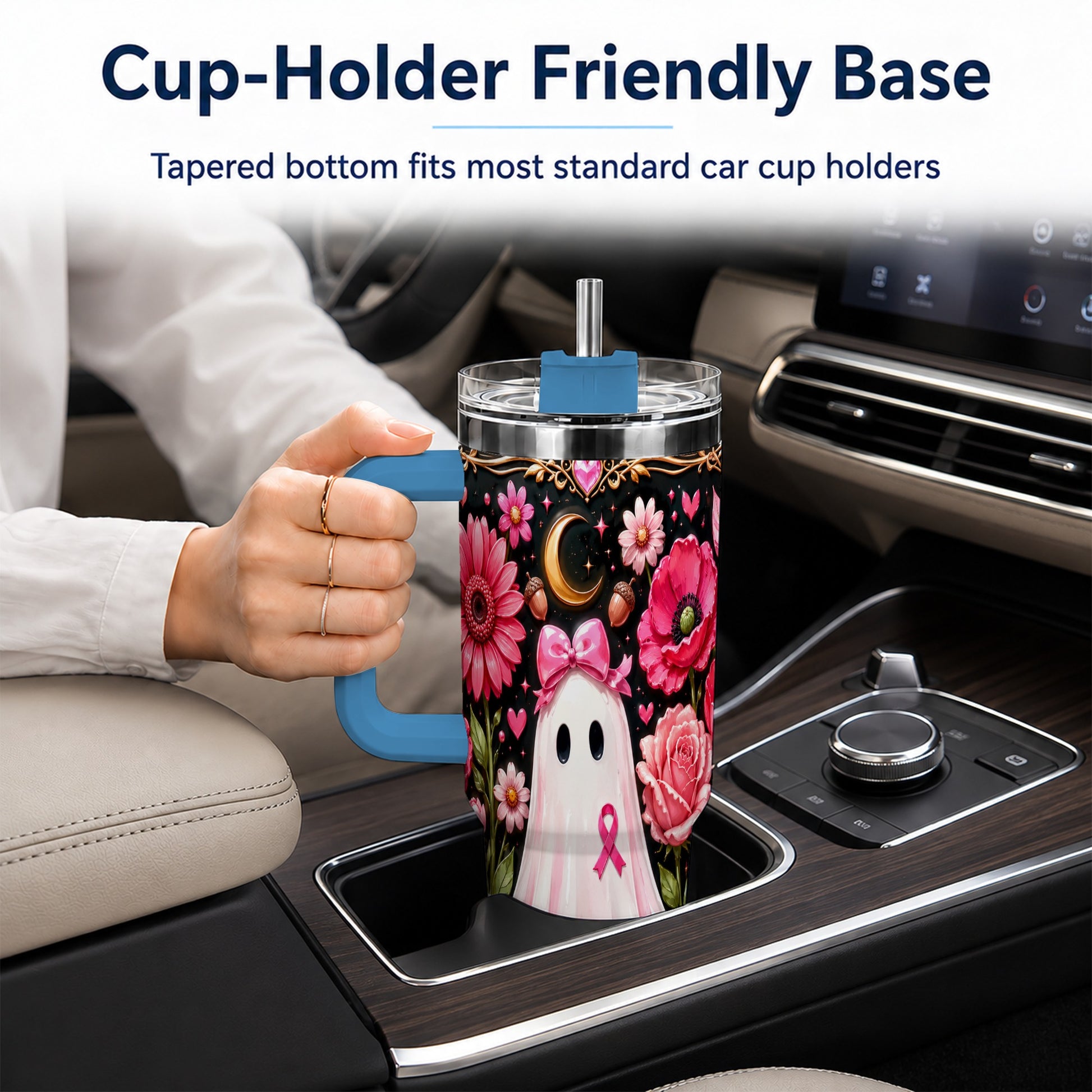#pl[40oz|Blue] Ribbon Ghost 40oz Tumbler with Handle, Floral Awareness Travel Cup