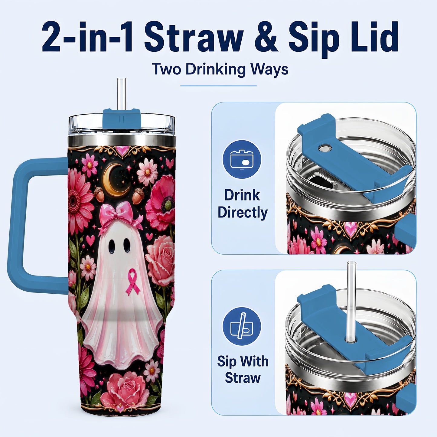 #pl[40oz|Blue] Ribbon Ghost 40oz Tumbler with Handle, Floral Awareness Travel Cup