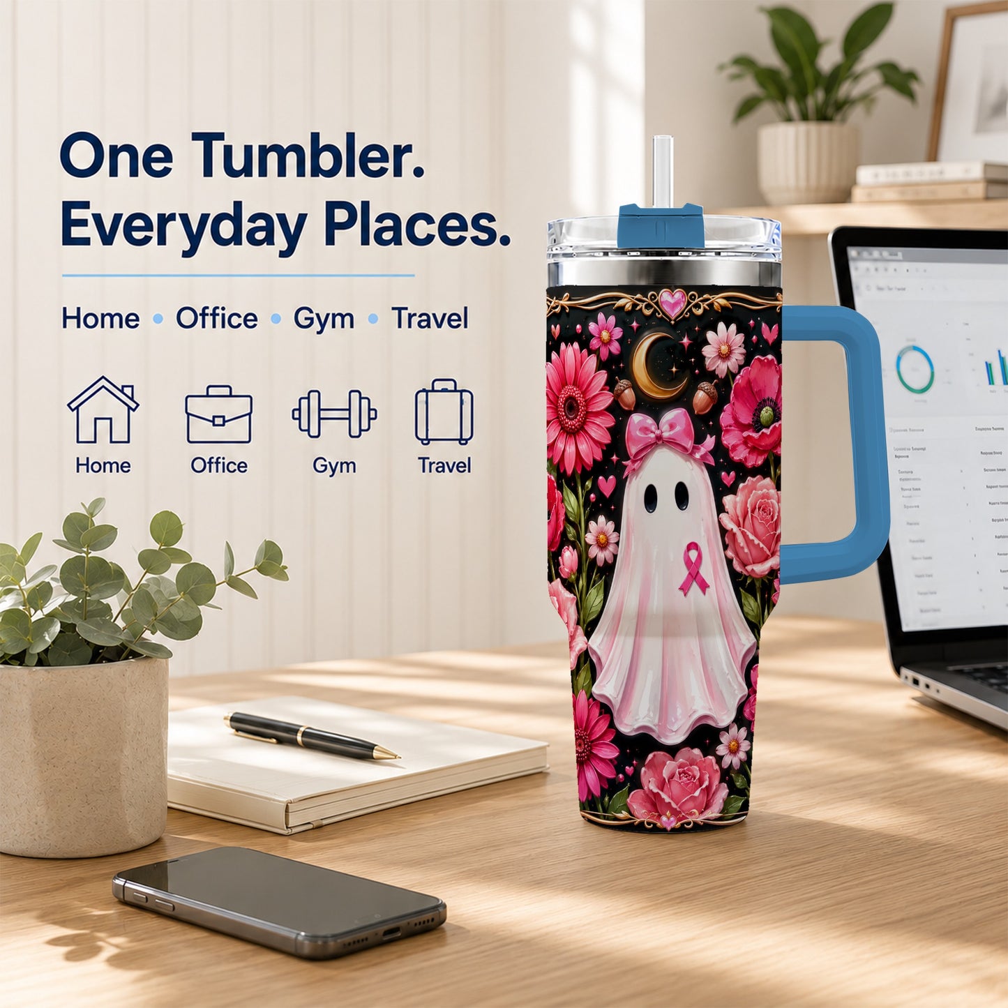 #pl[40oz|Blue] Ribbon Ghost 40oz Tumbler with Handle, Floral Awareness Travel Cup