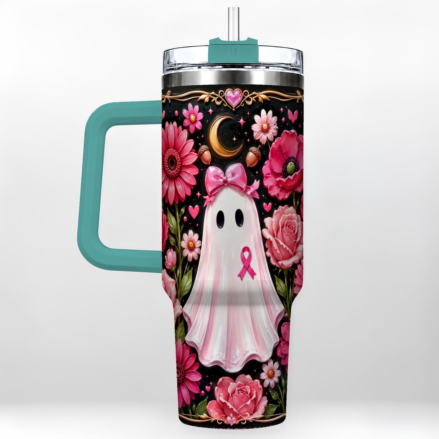 #pl[40oz|Green] Ribbon Ghost 40oz Tumbler with Handle, Floral Awareness Travel Cup