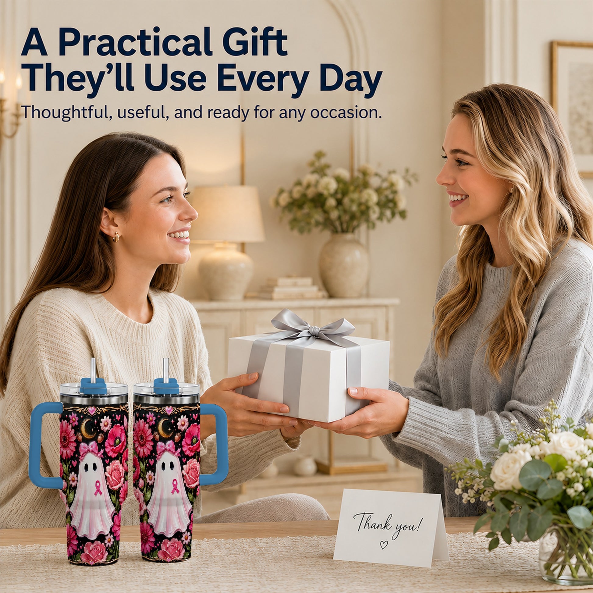 #pl[40oz|Blue] Ribbon Ghost 40oz Tumbler with Handle, Floral Awareness Travel Cup