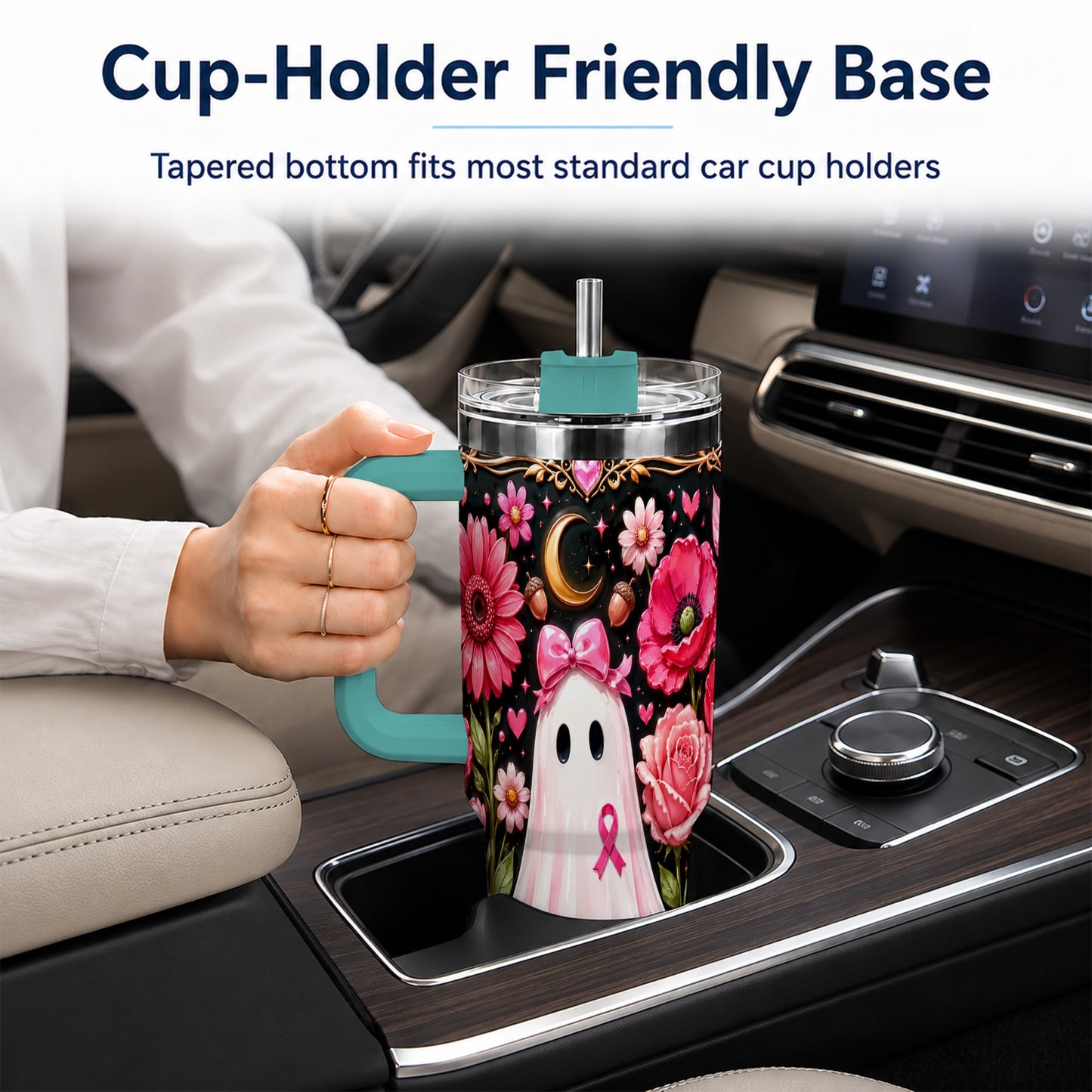 #pl[40oz|Green] Ribbon Ghost 40oz Tumbler with Handle, Floral Awareness Travel Cup