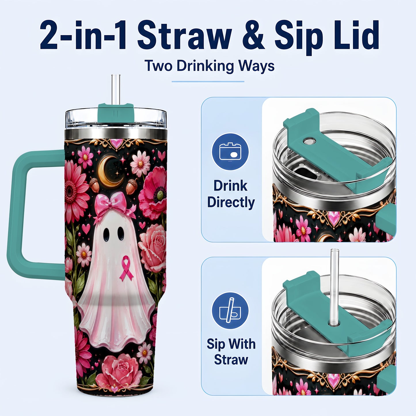 #pl[40oz|Green] Ribbon Ghost 40oz Tumbler with Handle, Floral Awareness Travel Cup
