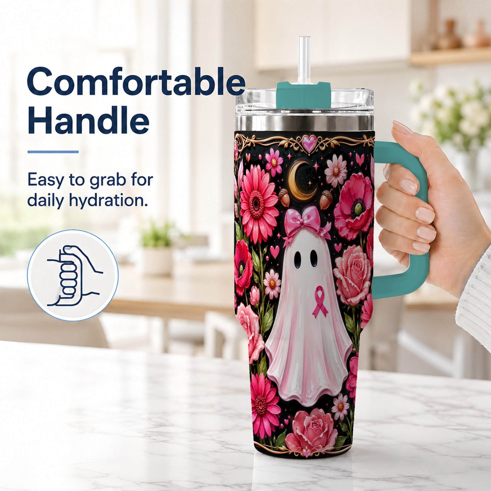 #pl[40oz|Green] Ribbon Ghost 40oz Tumbler with Handle, Floral Awareness Travel Cup