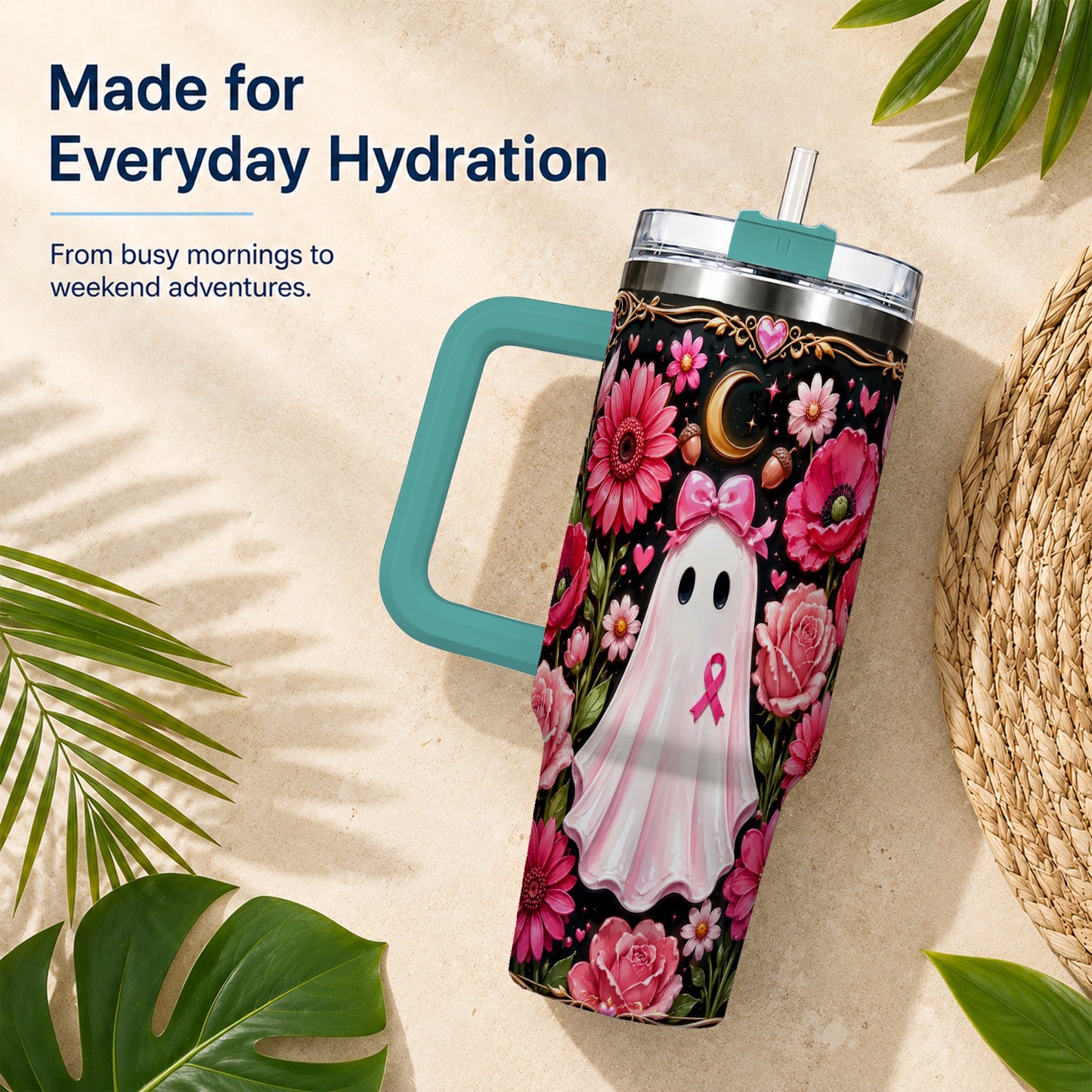 #pl[40oz|Green] Ribbon Ghost 40oz Tumbler with Handle, Floral Awareness Travel Cup