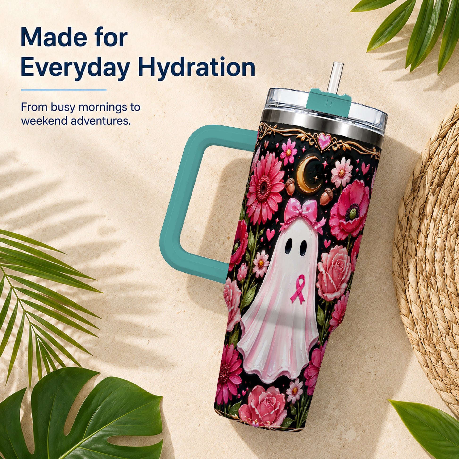#pl[40oz|Green] Ribbon Ghost 40oz Tumbler with Handle, Floral Awareness Travel Cup