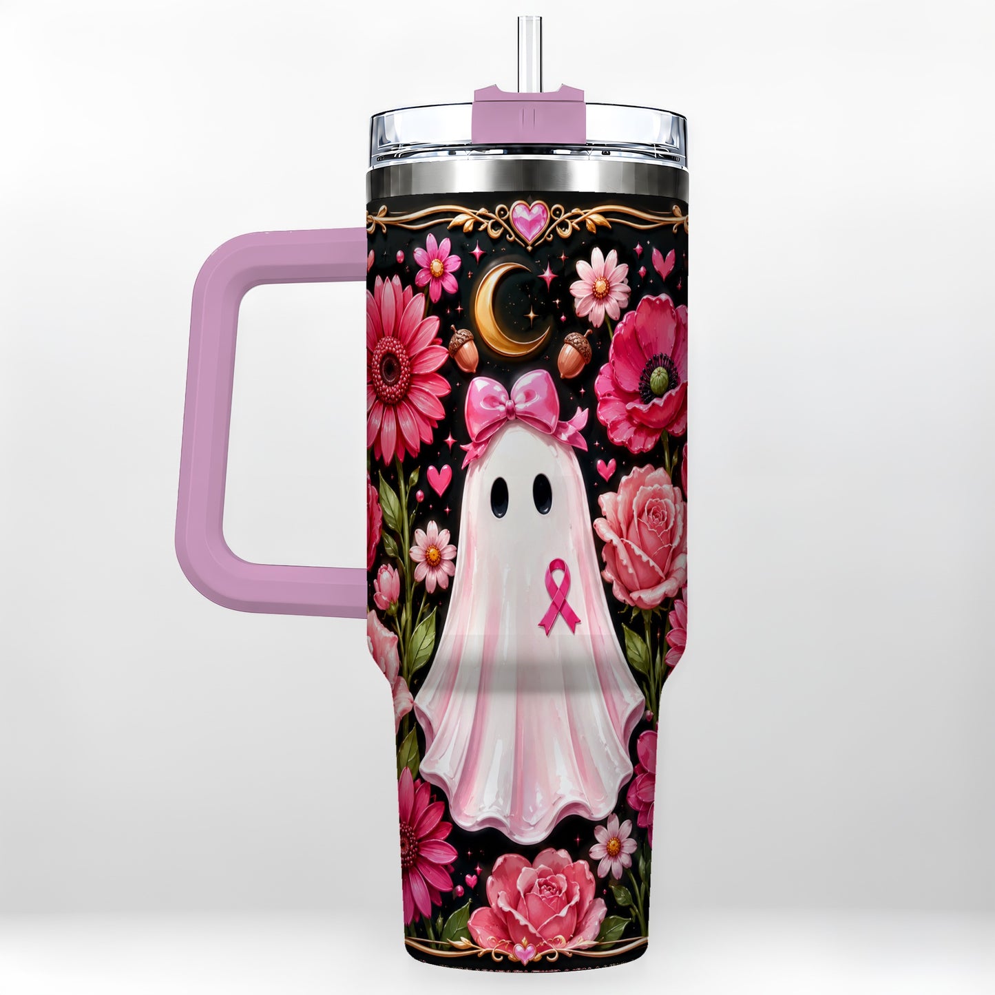 #pl[40oz|Pink] Ribbon Ghost 40oz Tumbler with Handle, Floral Awareness Travel Cup