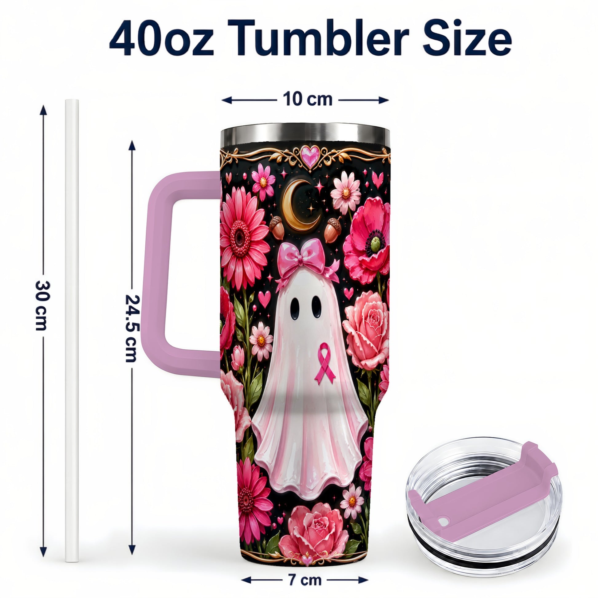 #pl[40oz|Pink] Ribbon Ghost 40oz Tumbler with Handle, Floral Awareness Travel Cup