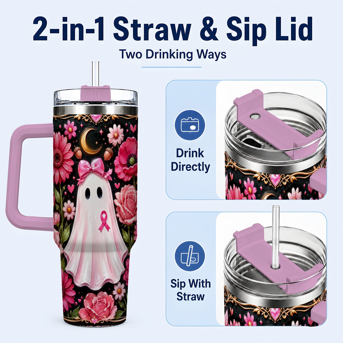 #pl[40oz|Pink] Ribbon Ghost 40oz Tumbler with Handle, Floral Awareness Travel Cup