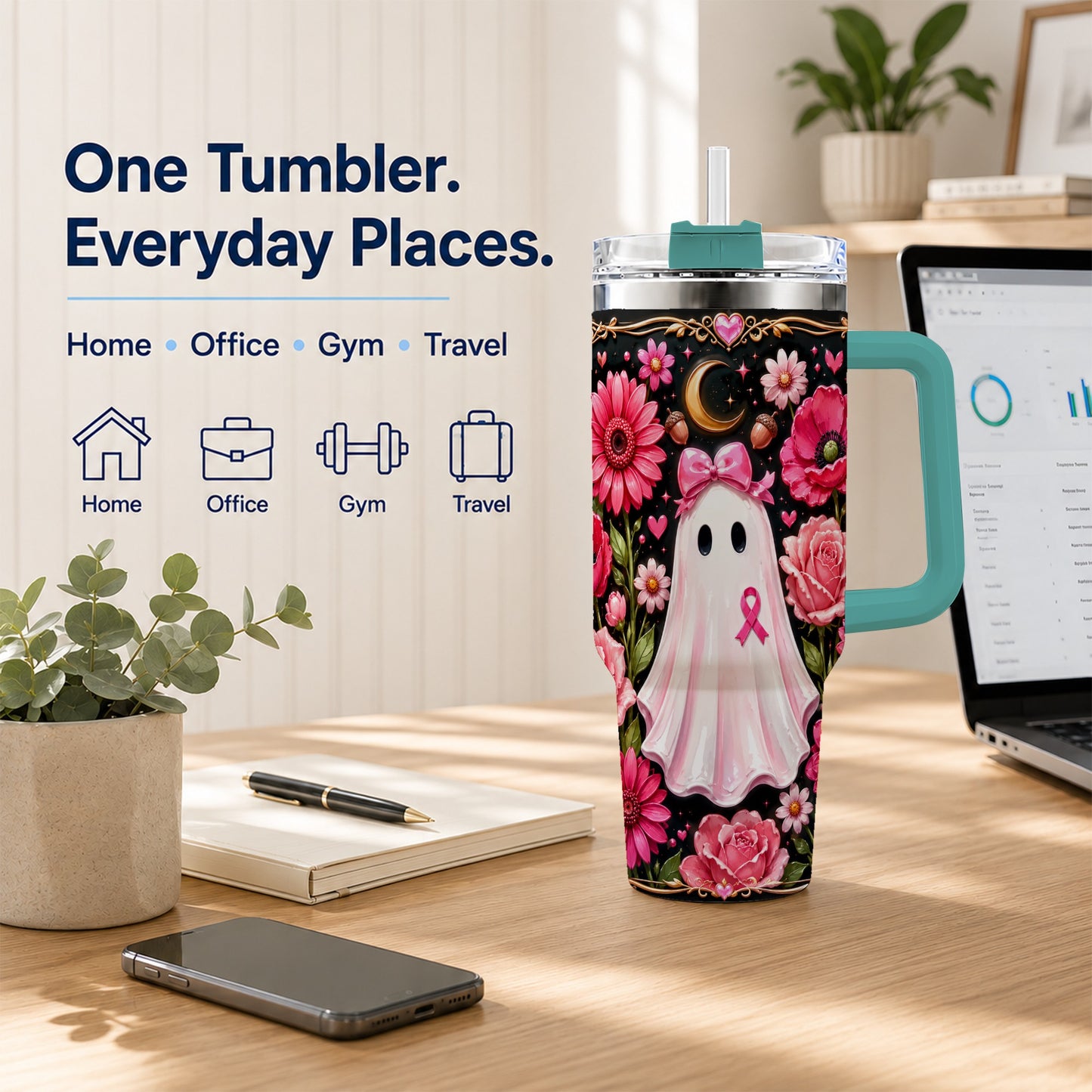 #pl[40oz|Green] Ribbon Ghost 40oz Tumbler with Handle, Floral Awareness Travel Cup