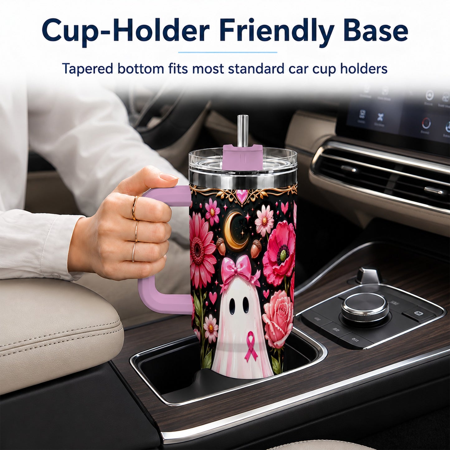 #pl[40oz|Pink] Ribbon Ghost 40oz Tumbler with Handle, Floral Awareness Travel Cup