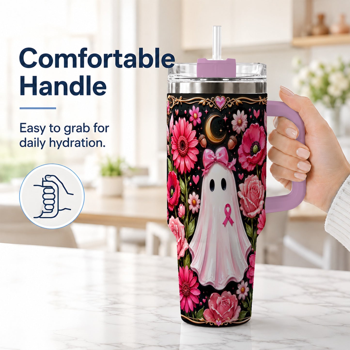 #pl[40oz|Pink] Ribbon Ghost 40oz Tumbler with Handle, Floral Awareness Travel Cup