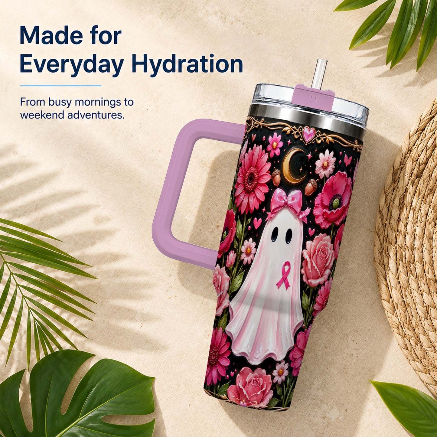 #pl[40oz|Pink] Ribbon Ghost 40oz Tumbler with Handle, Floral Awareness Travel Cup