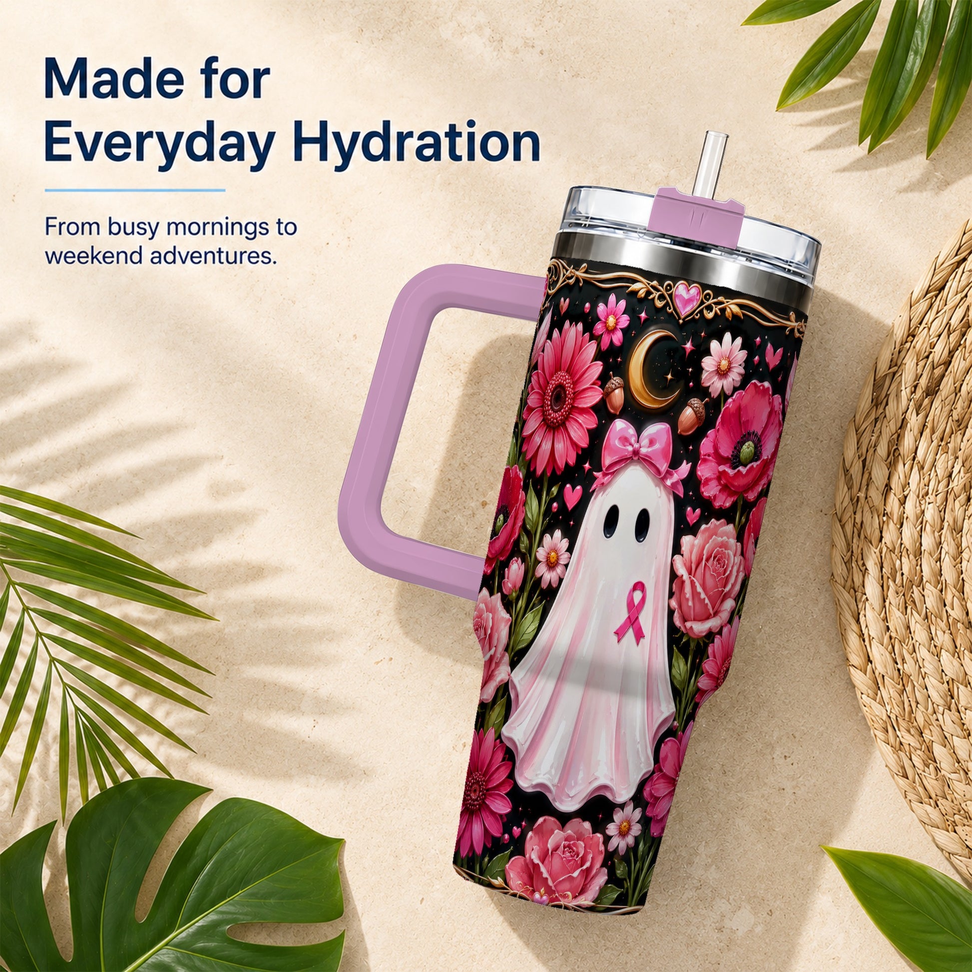 #pl[40oz|Pink] Ribbon Ghost 40oz Tumbler with Handle, Floral Awareness Travel Cup