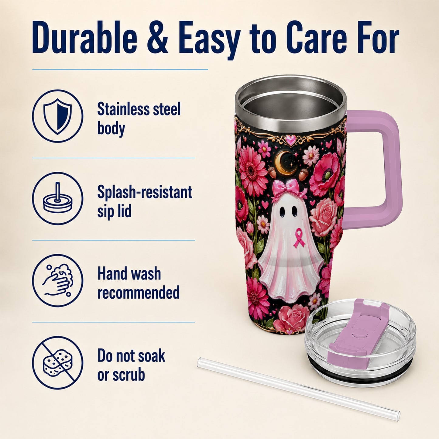 #pl[40oz|Pink] Ribbon Ghost 40oz Tumbler with Handle, Floral Awareness Travel Cup