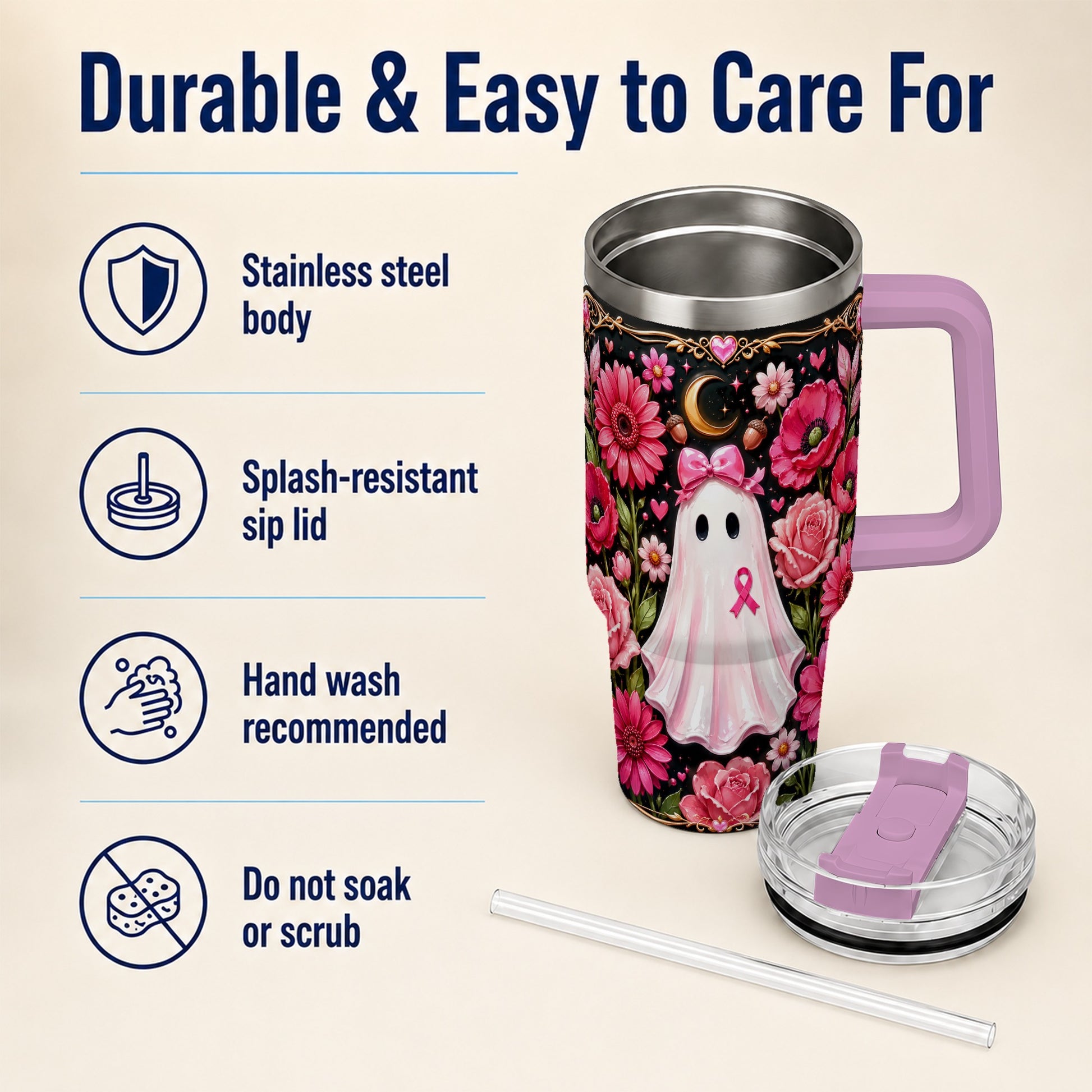 #pl[40oz|Pink] Ribbon Ghost 40oz Tumbler with Handle, Floral Awareness Travel Cup