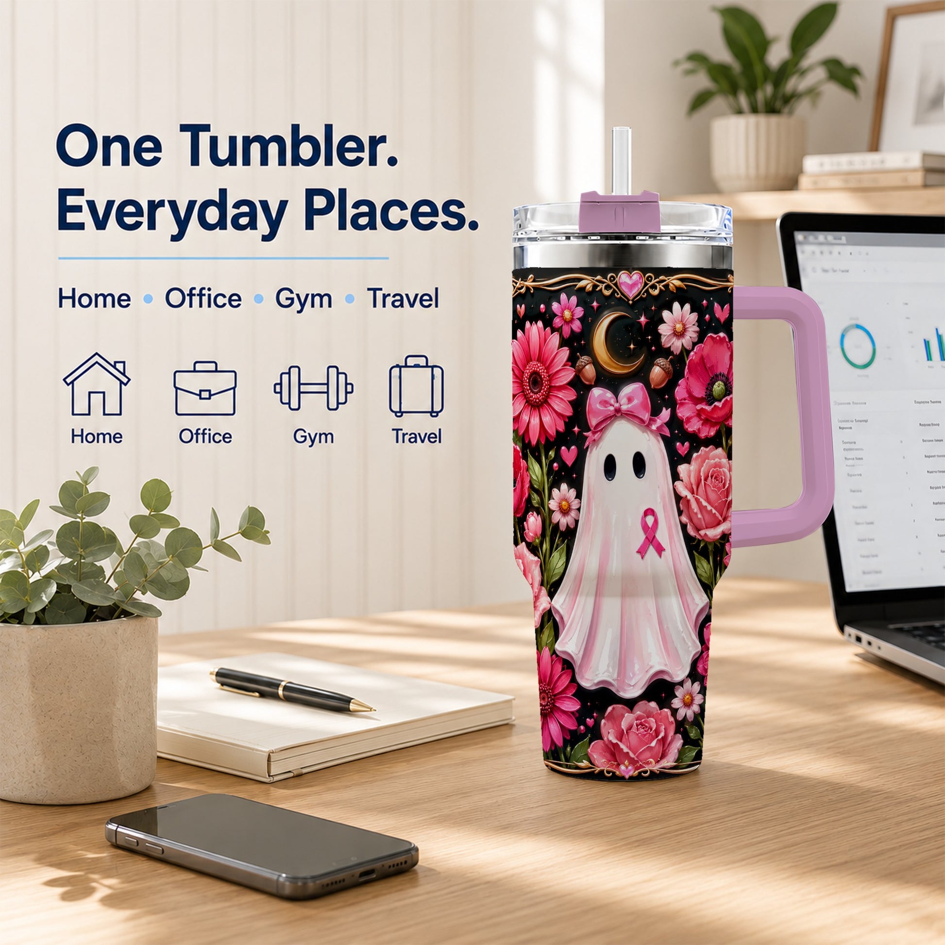 #pl[40oz|Pink] Ribbon Ghost 40oz Tumbler with Handle, Floral Awareness Travel Cup