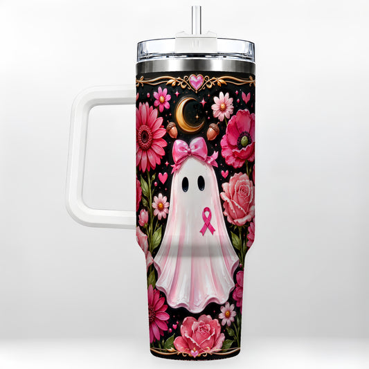 #pl[40oz|White] Ribbon Ghost 40oz Tumbler with Handle, Floral Awareness Travel Cup