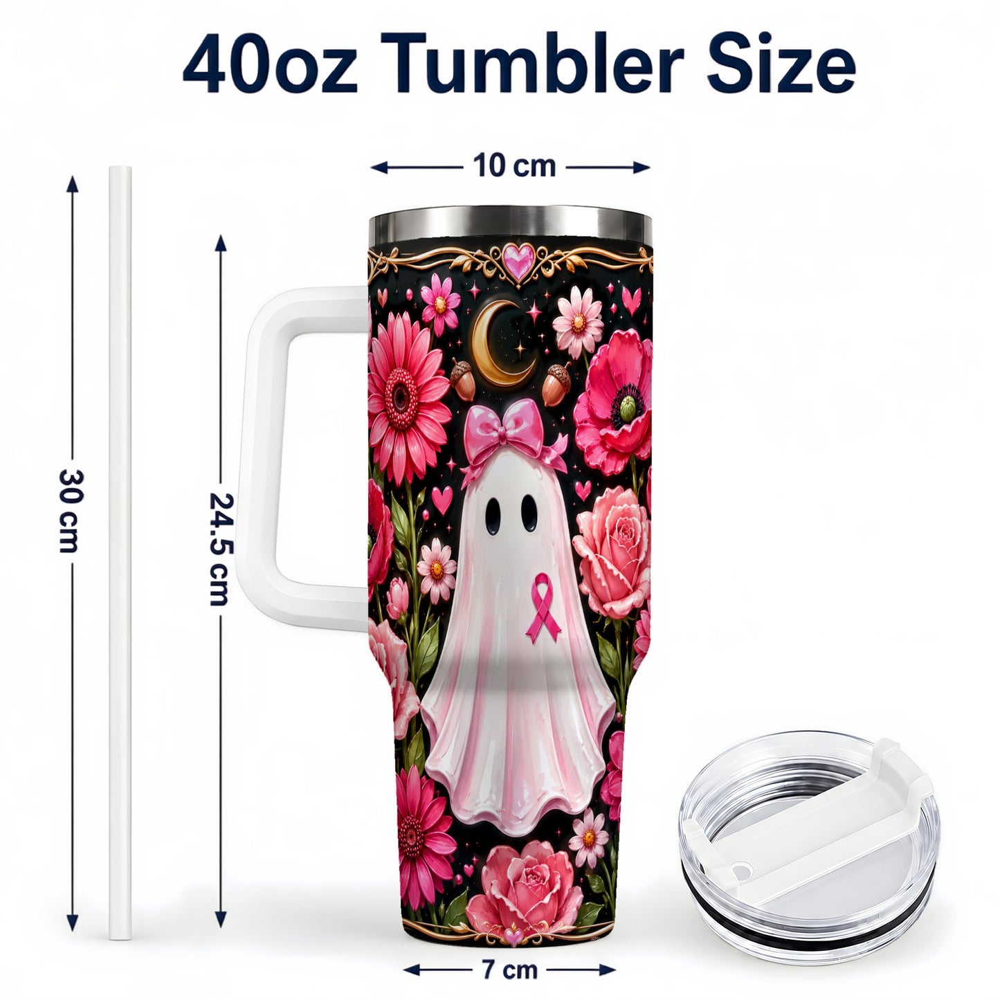 #pl[40oz|White] Ribbon Ghost 40oz Tumbler with Handle, Floral Awareness Travel Cup