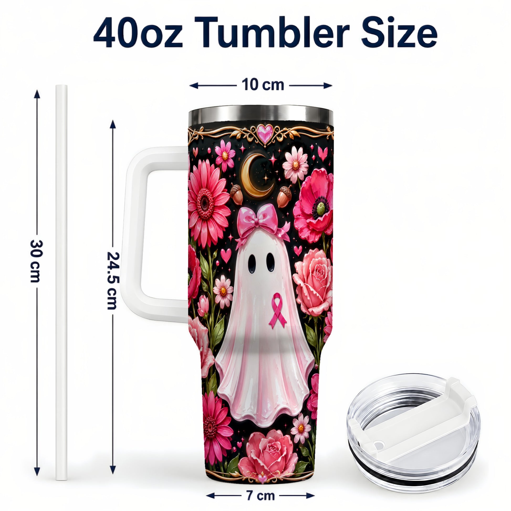 #pl[40oz|White] Ribbon Ghost 40oz Tumbler with Handle, Floral Awareness Travel Cup