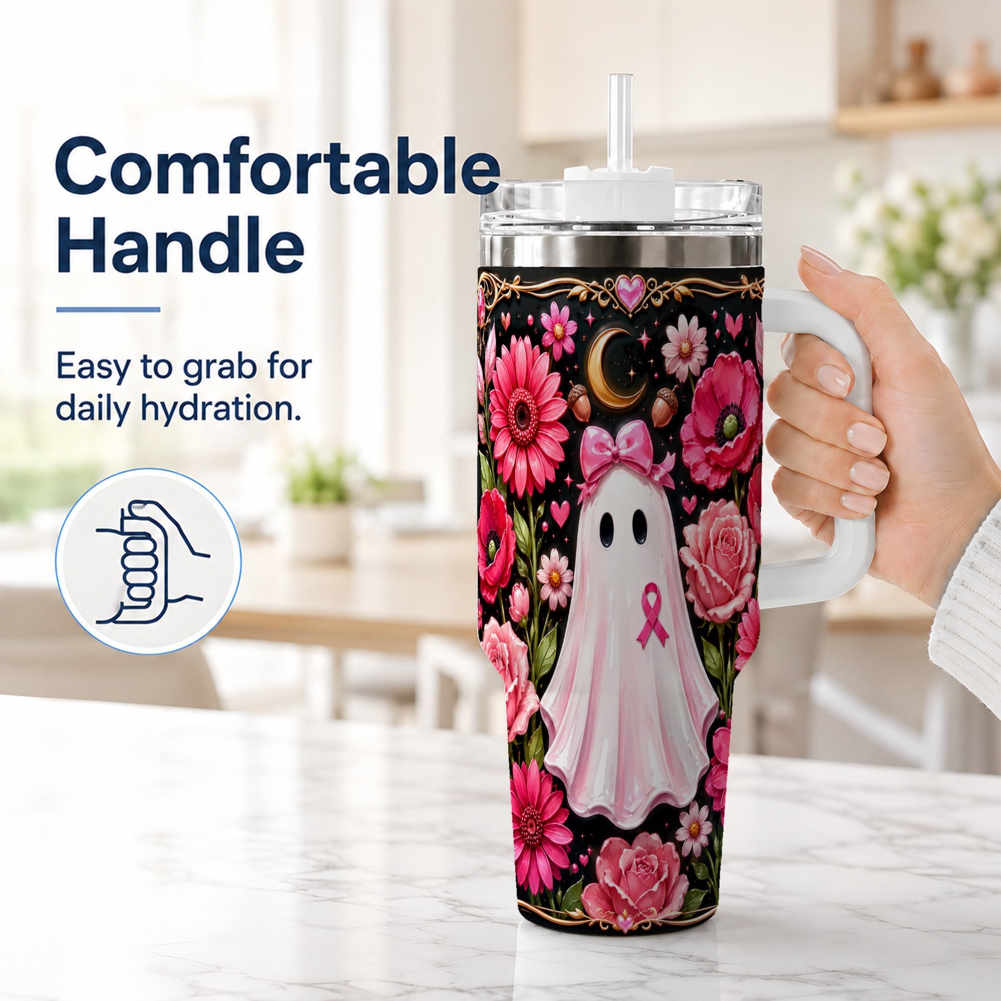 #pl[40oz|White] Ribbon Ghost 40oz Tumbler with Handle, Floral Awareness Travel Cup