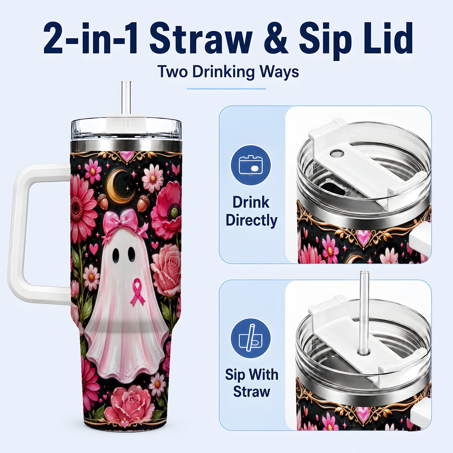 #pl[40oz|White] Ribbon Ghost 40oz Tumbler with Handle, Floral Awareness Travel Cup