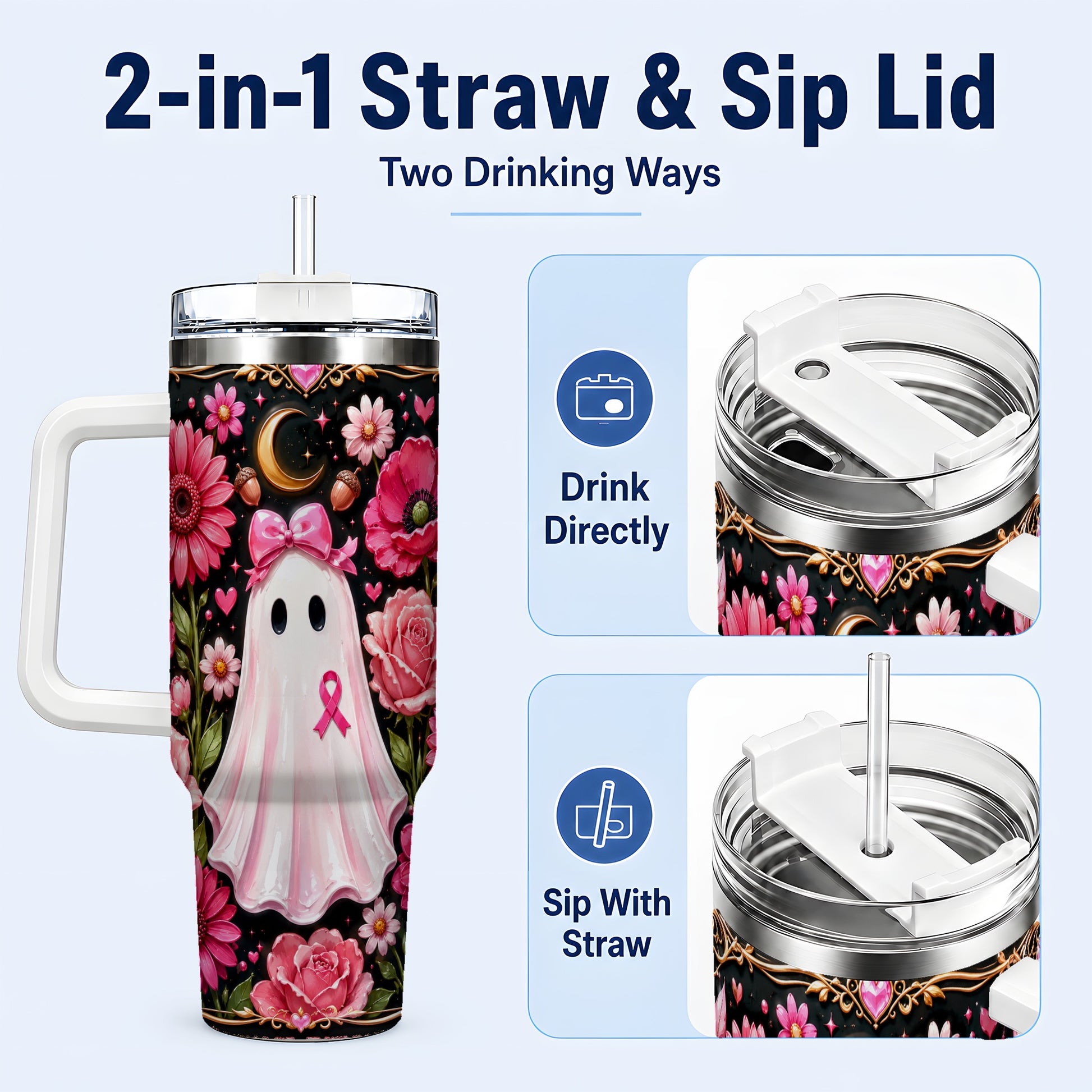 #pl[40oz|White] Ribbon Ghost 40oz Tumbler with Handle, Floral Awareness Travel Cup