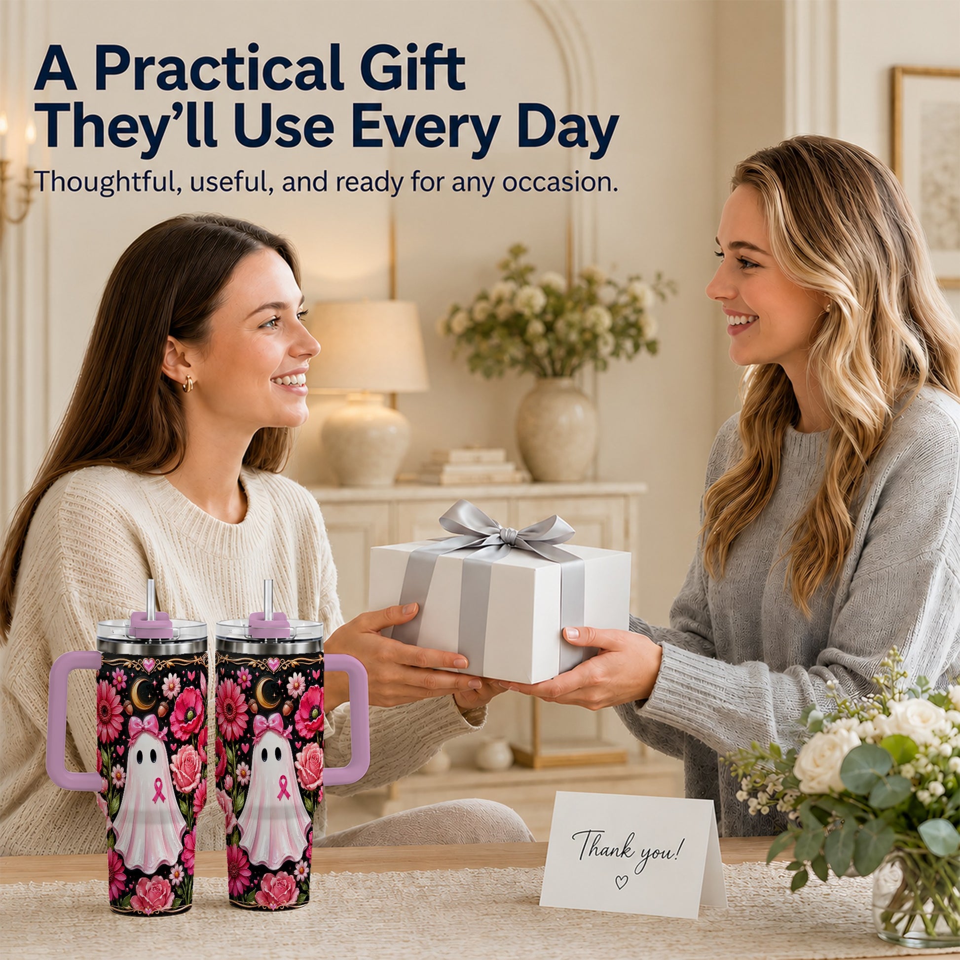 #pl[40oz|Pink] Ribbon Ghost 40oz Tumbler with Handle, Floral Awareness Travel Cup