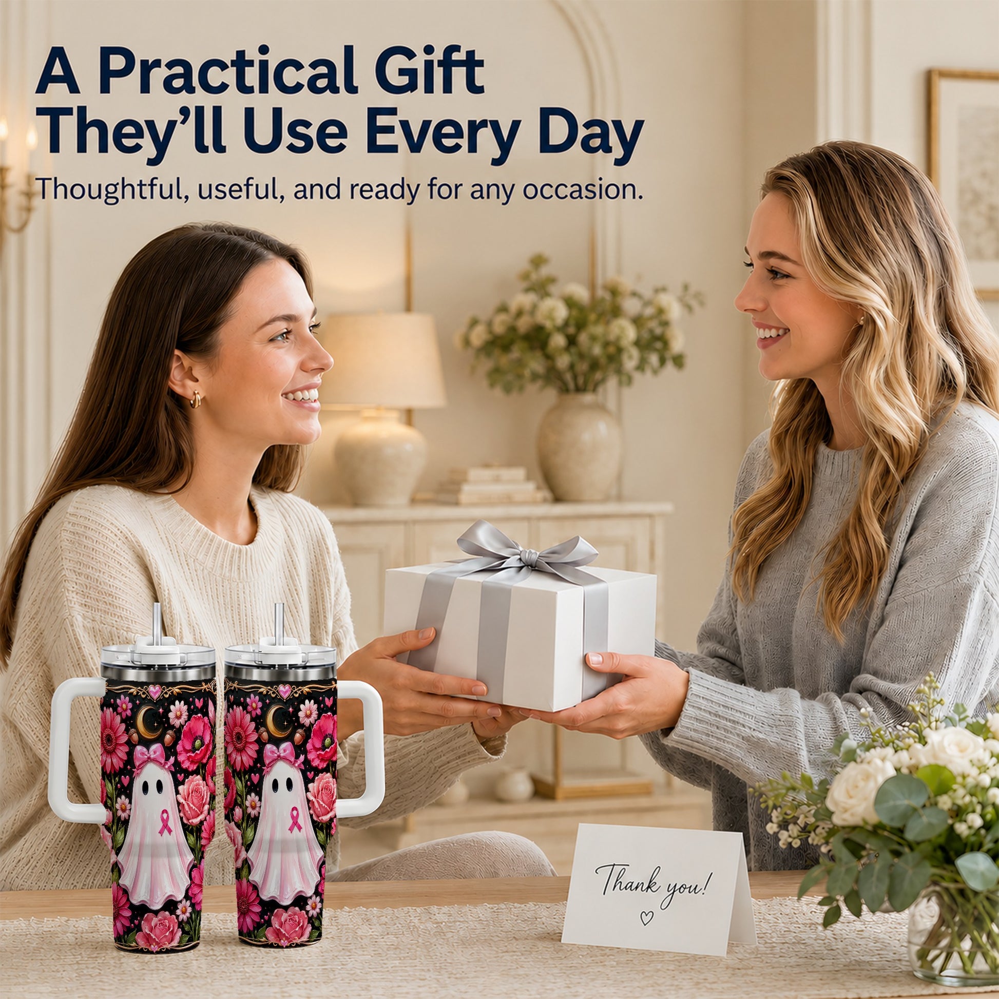 #pl[40oz|White] Ribbon Ghost 40oz Tumbler with Handle, Floral Awareness Travel Cup