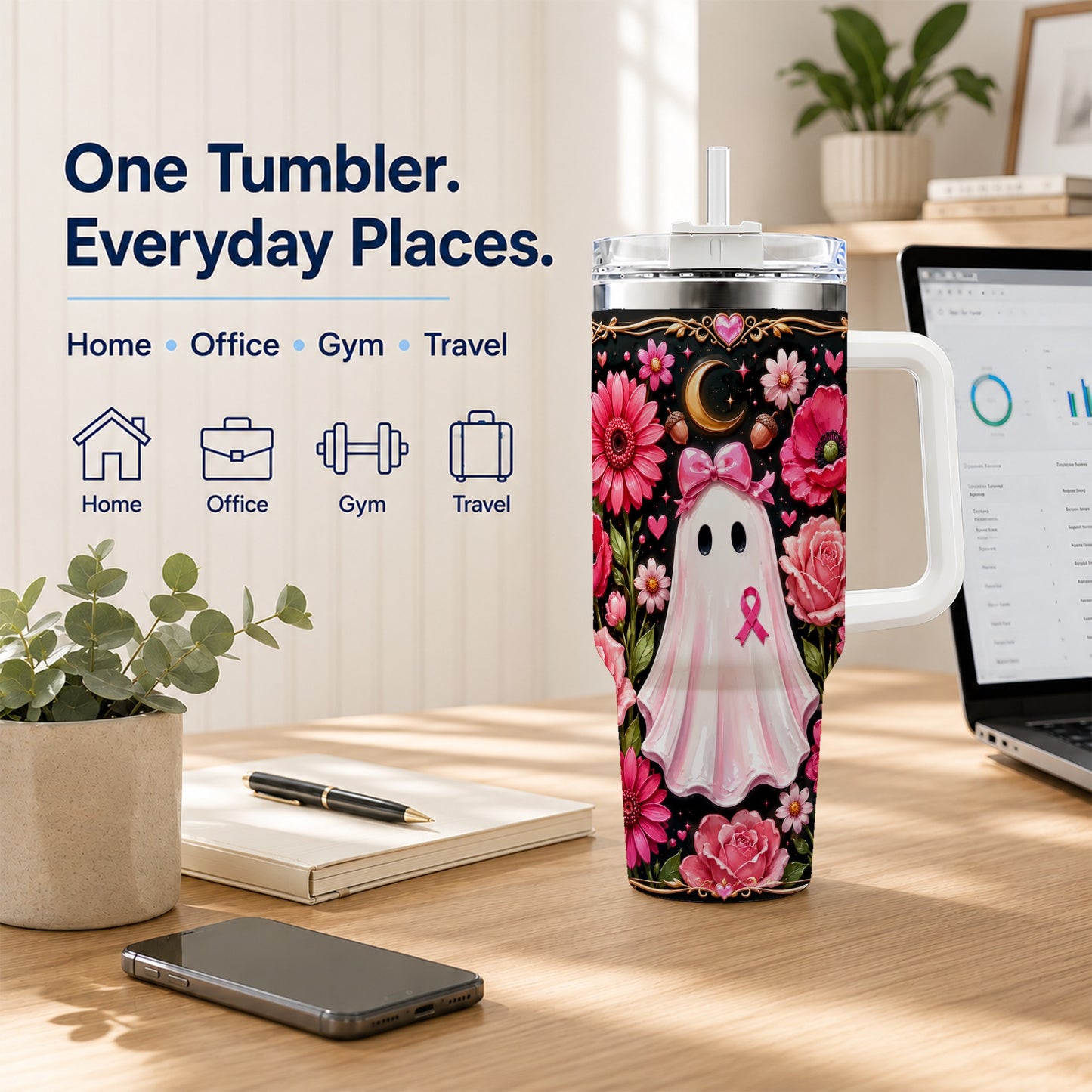 #pl[40oz|White] Ribbon Ghost 40oz Tumbler with Handle, Floral Awareness Travel Cup