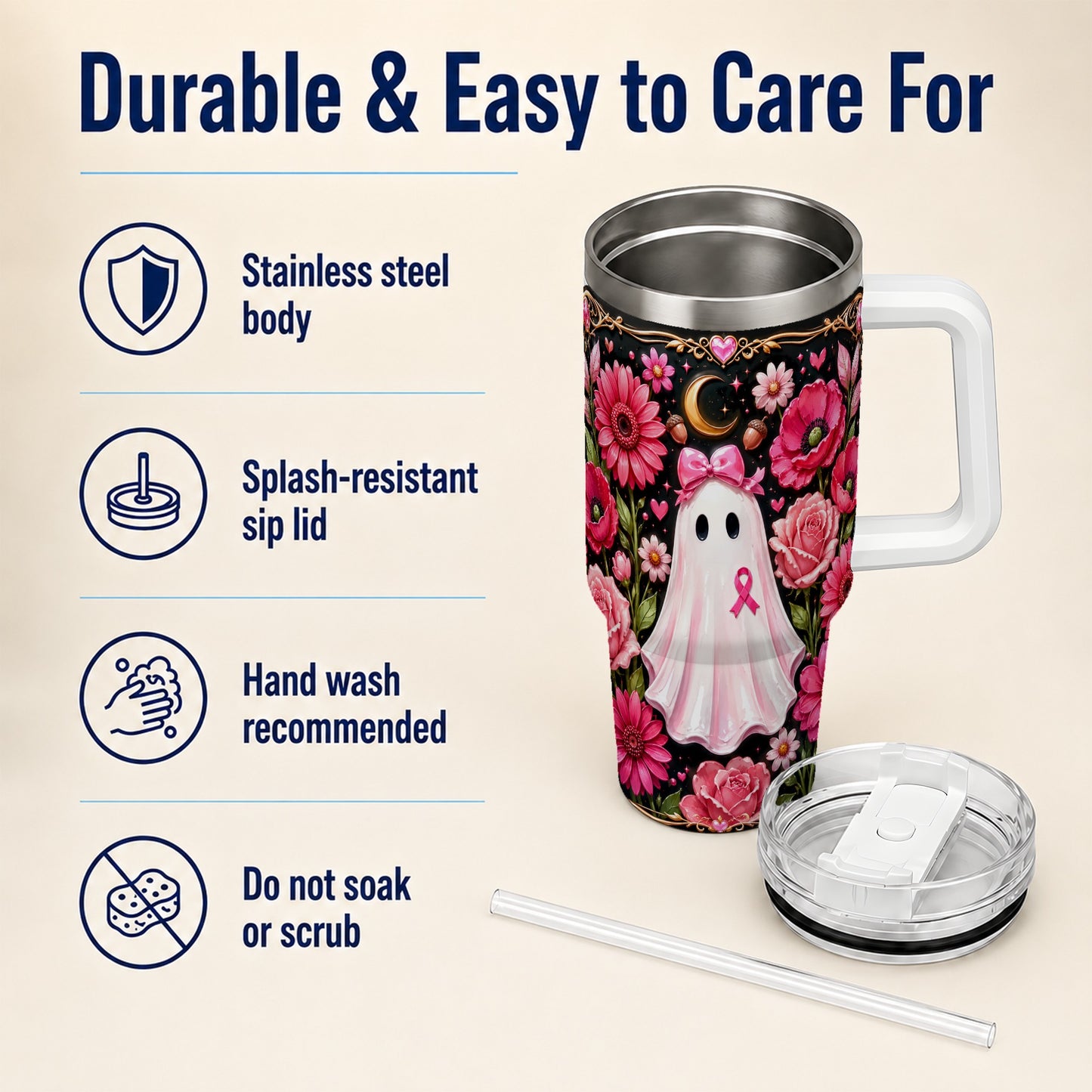 #pl[40oz|White] Ribbon Ghost 40oz Tumbler with Handle, Floral Awareness Travel Cup