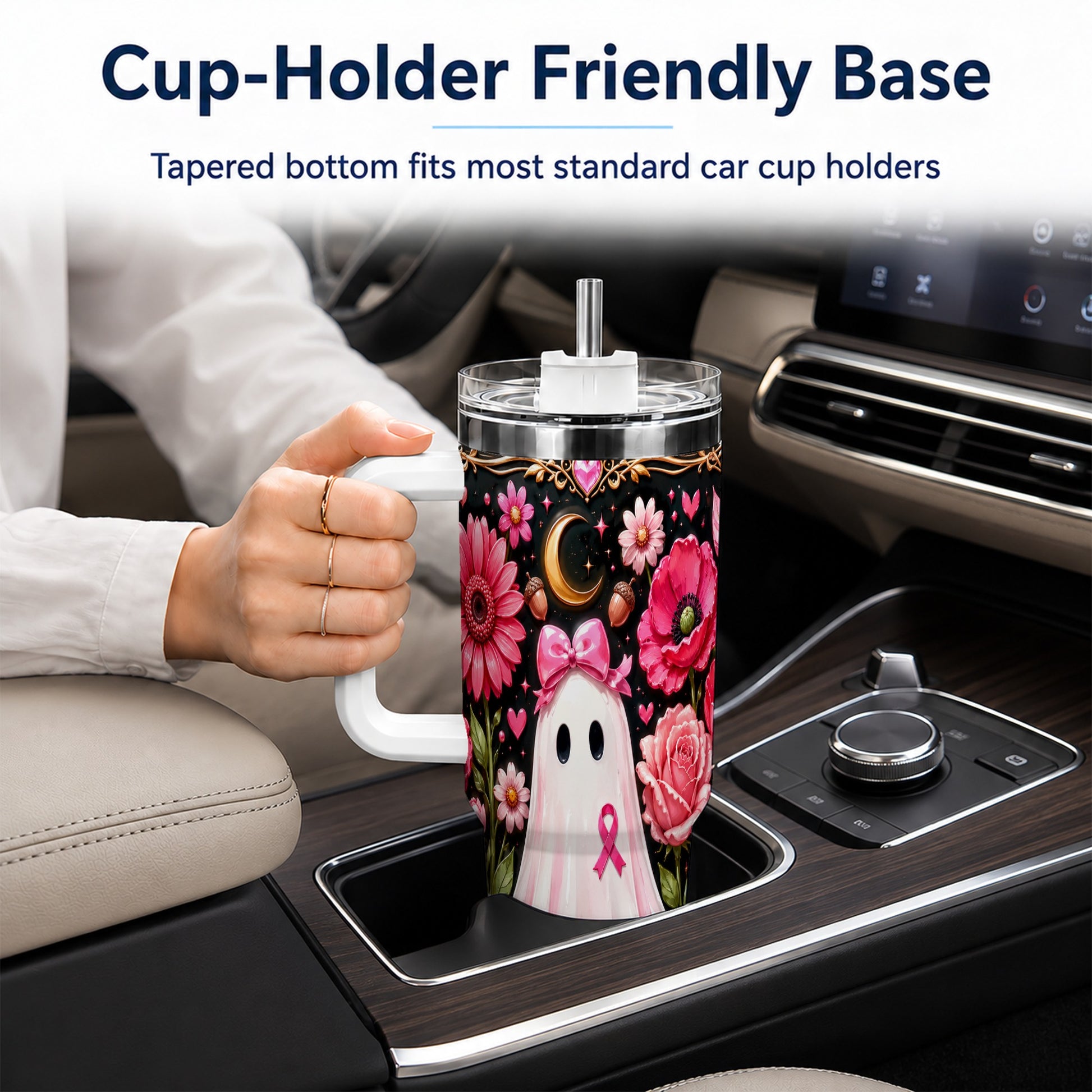 #pl[40oz|White] Ribbon Ghost 40oz Tumbler with Handle, Floral Awareness Travel Cup