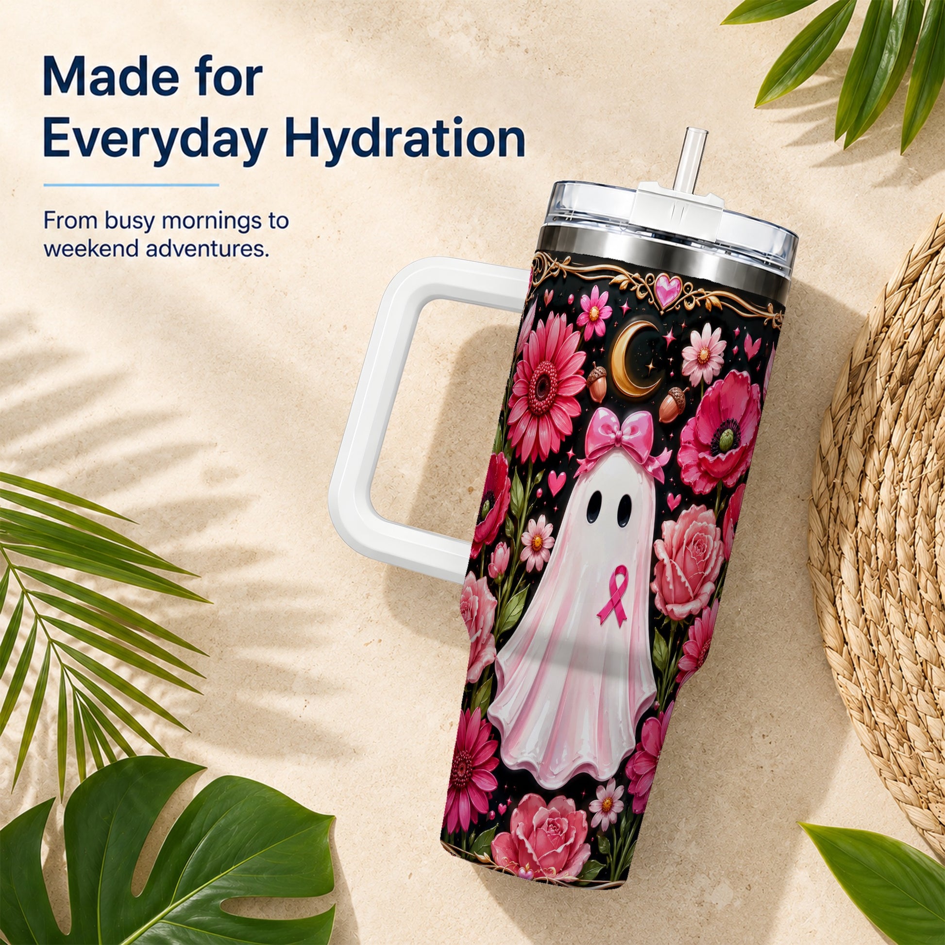 #pl[40oz|White] Ribbon Ghost 40oz Tumbler with Handle, Floral Awareness Travel Cup