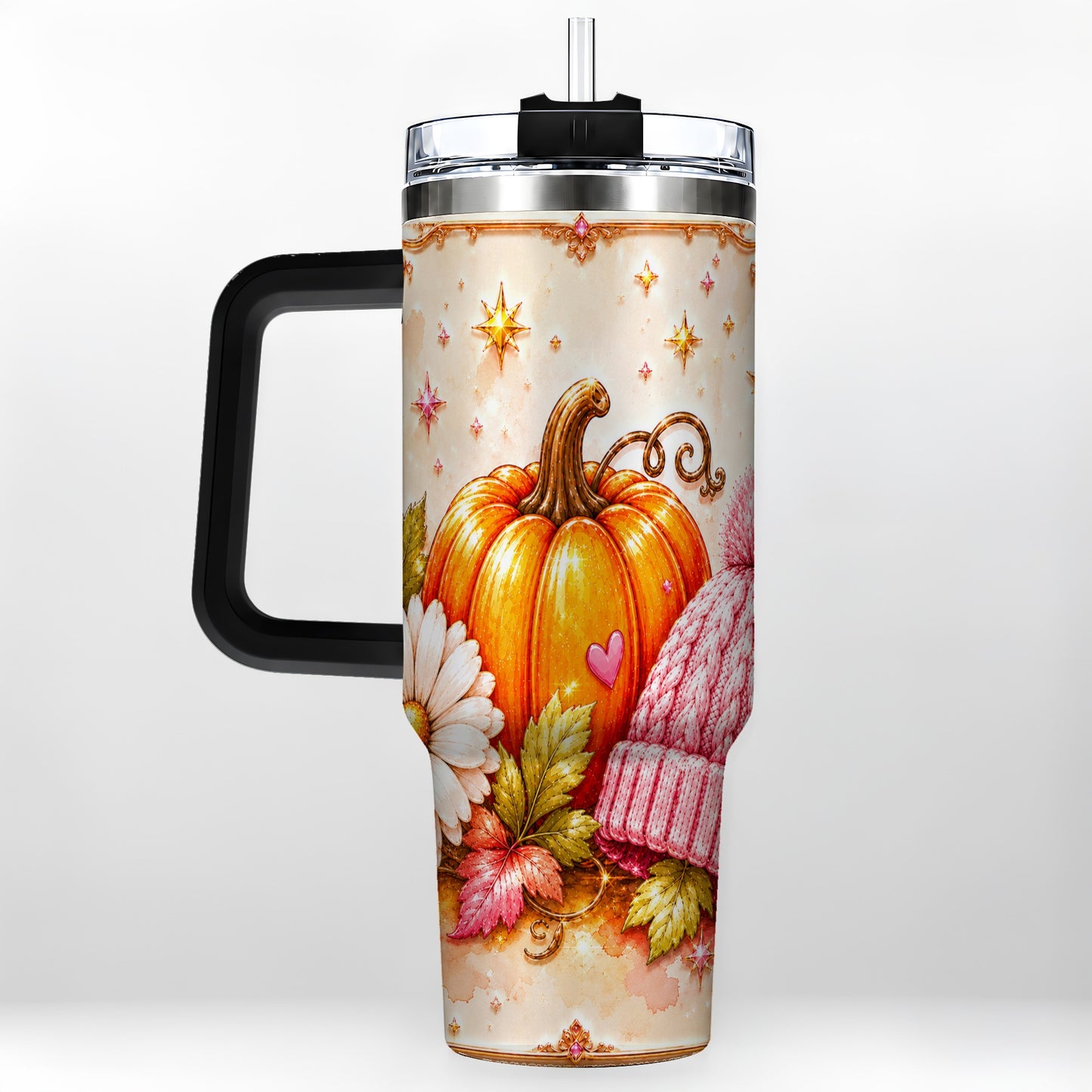 #pl[40oz|Black] Pumpkin 40oz Tumbler with Handle, Autumn Stainless Steel Travel Cup