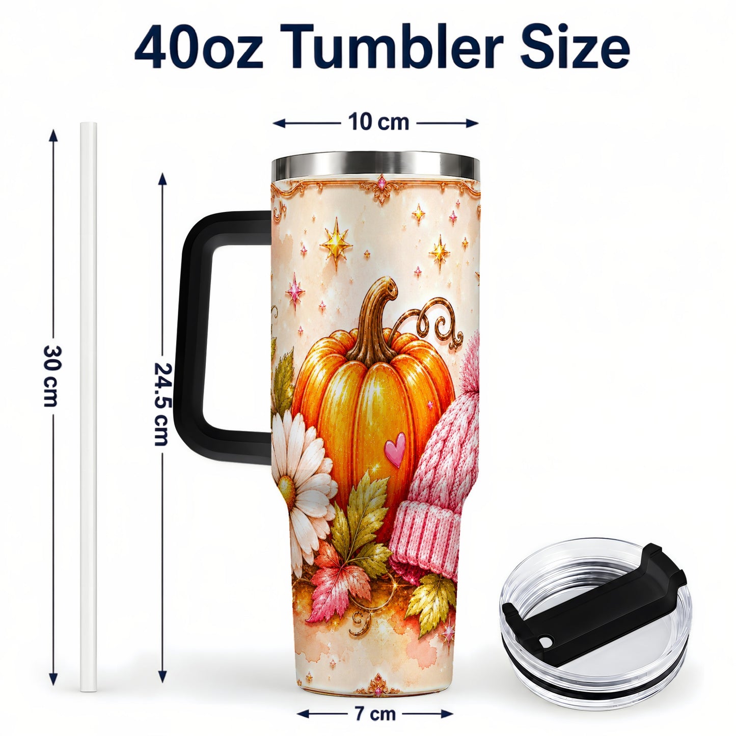 #pl[40oz|Black] Pumpkin 40oz Tumbler with Handle, Autumn Stainless Steel Travel Cup