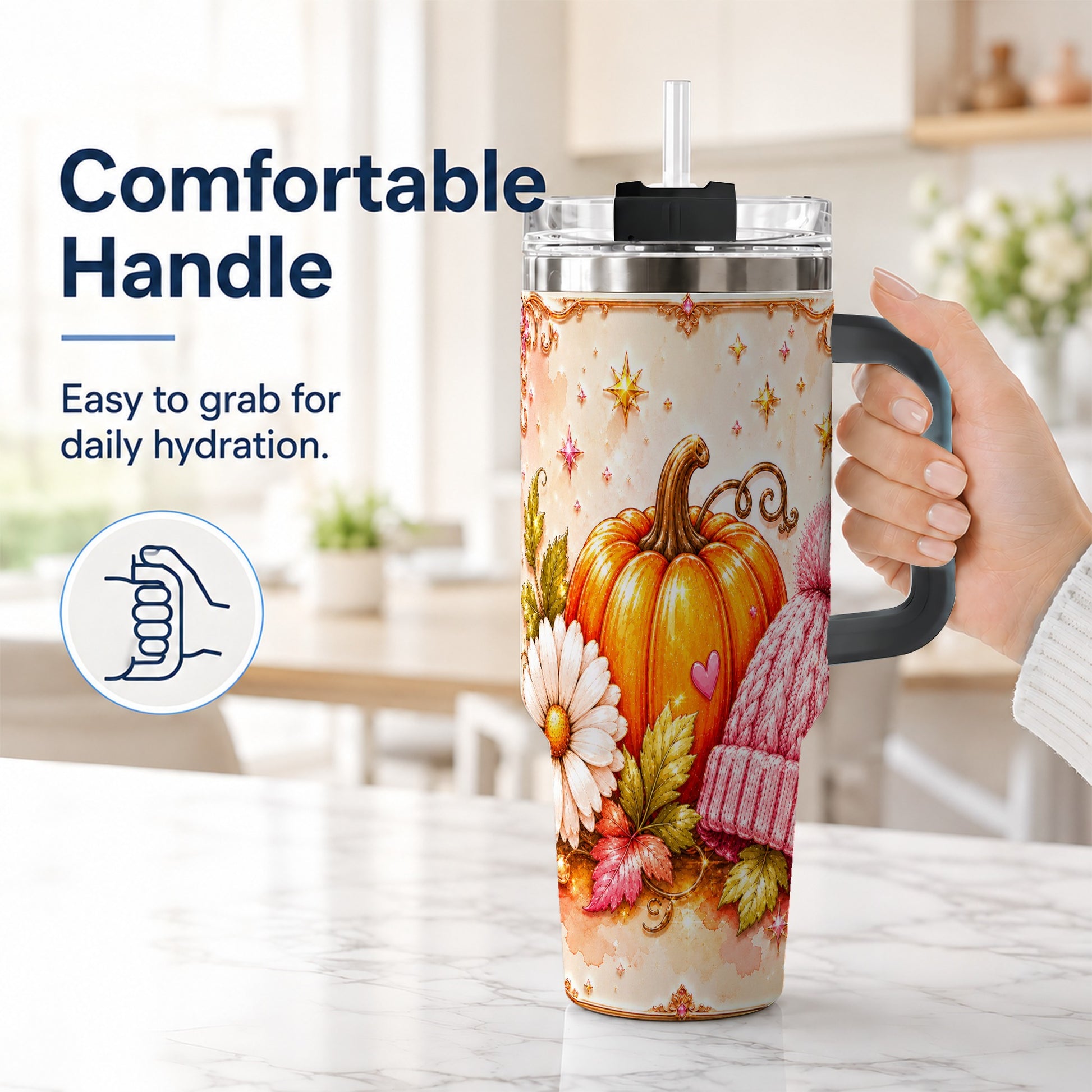 #pl[40oz|Black] Pumpkin 40oz Tumbler with Handle, Autumn Stainless Steel Travel Cup