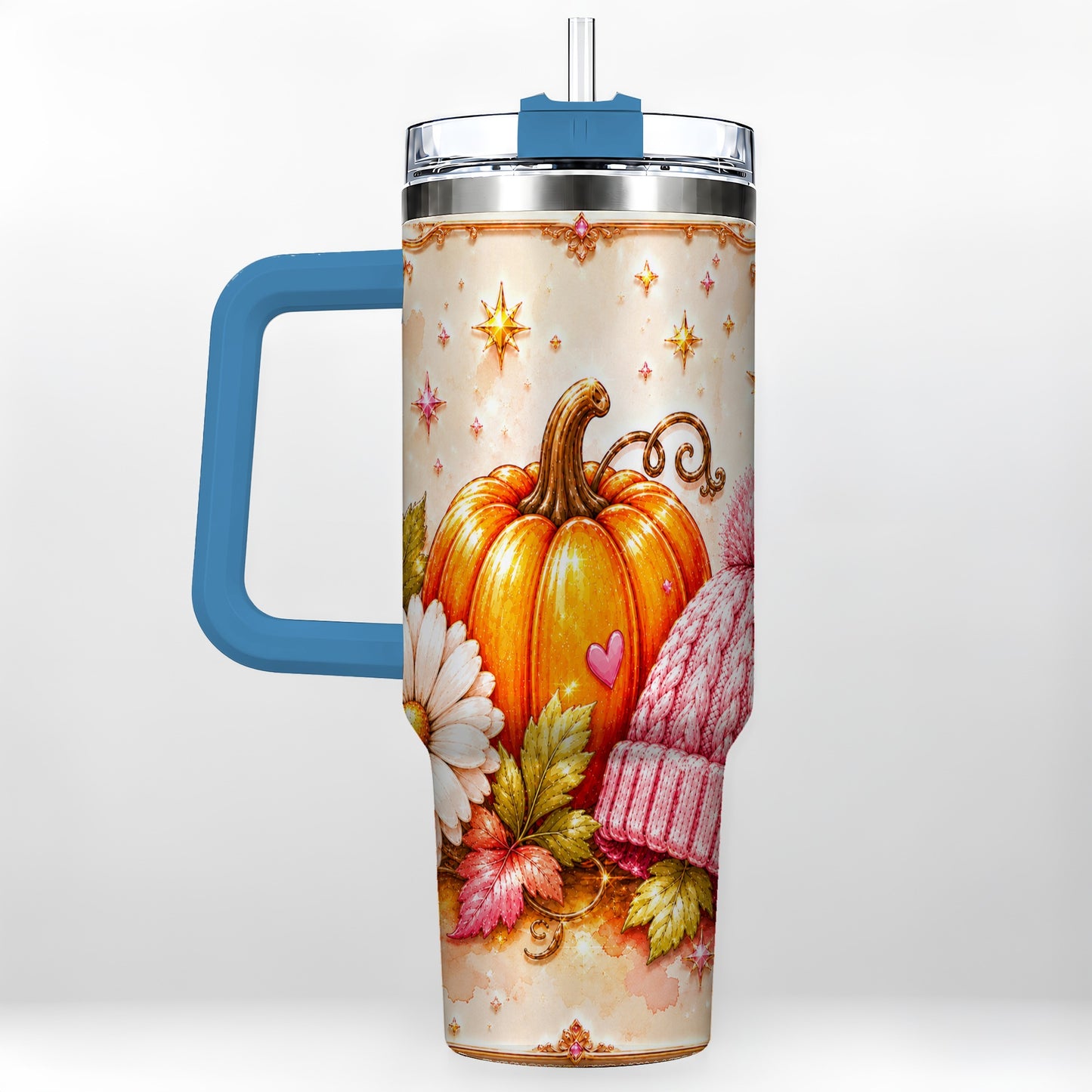 #pl[40oz|Blue] Pumpkin 40oz Tumbler with Handle, Autumn Stainless Steel Travel Cup