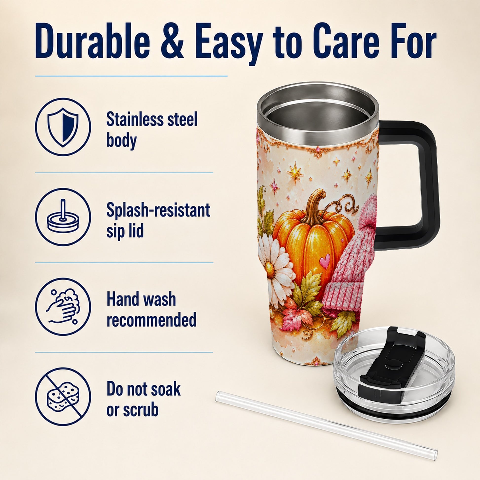 #pl[40oz|Black] Pumpkin 40oz Tumbler with Handle, Autumn Stainless Steel Travel Cup