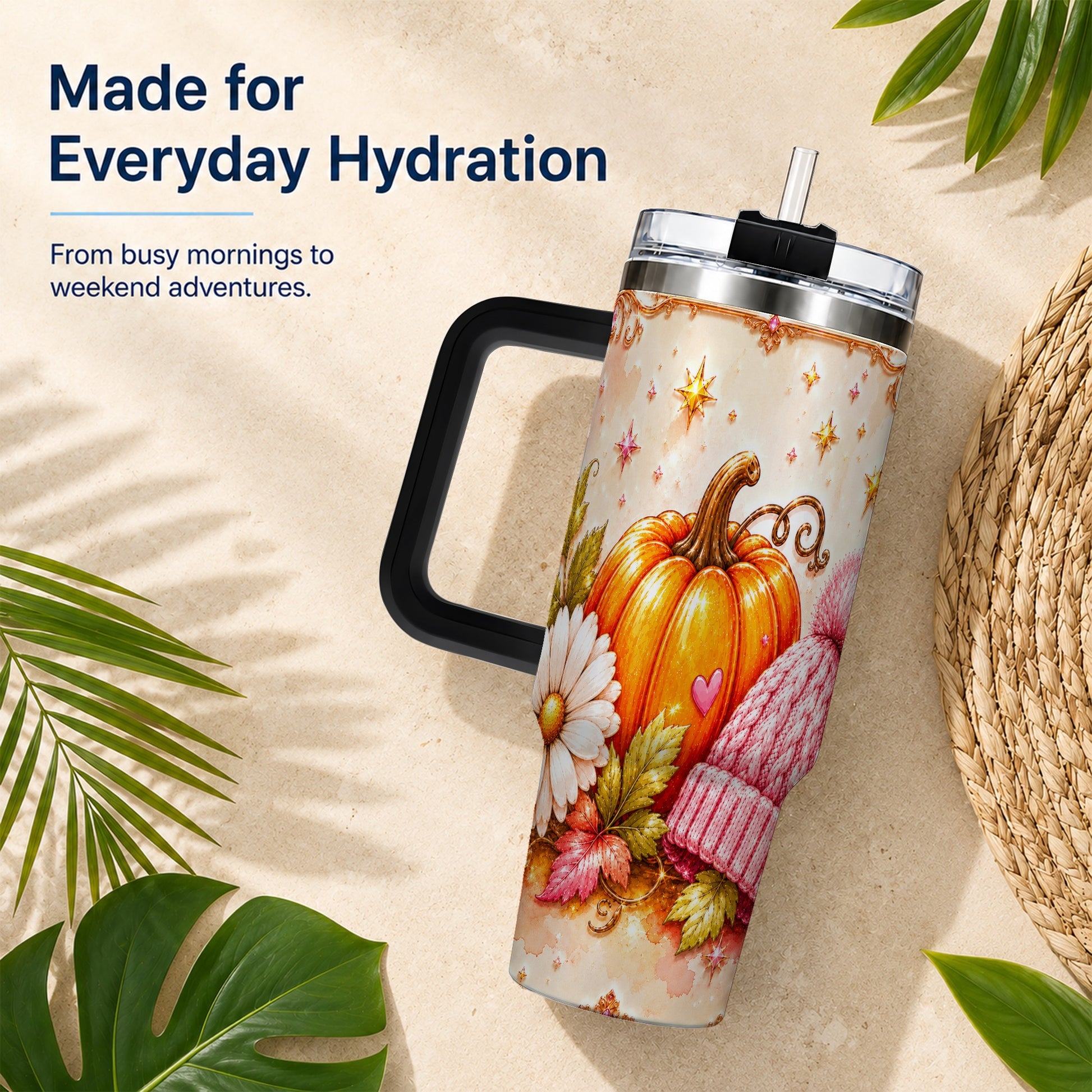 #pl[40oz|Black] Pumpkin 40oz Tumbler with Handle, Autumn Stainless Steel Travel Cup