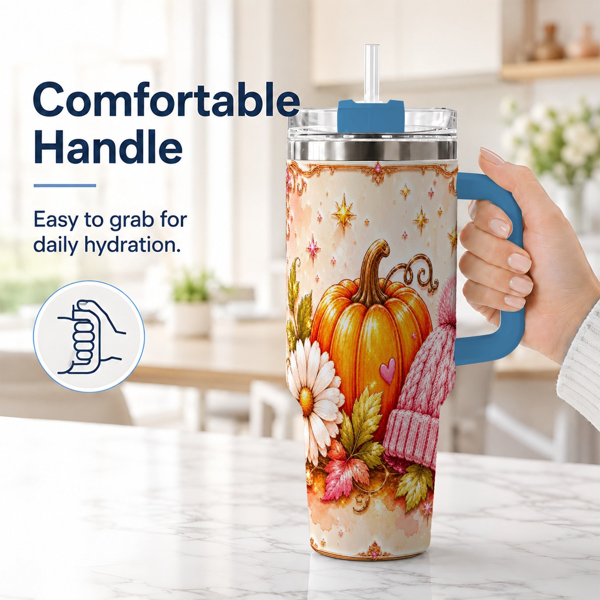#pl[40oz|Blue] Pumpkin 40oz Tumbler with Handle, Autumn Stainless Steel Travel Cup