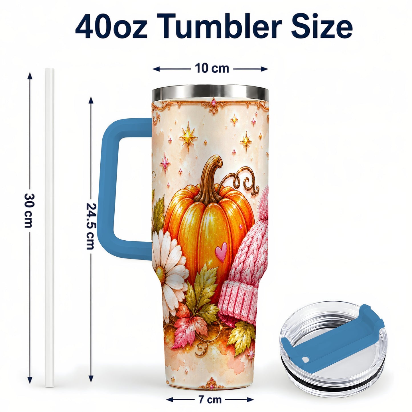 #pl[40oz|Blue] Pumpkin 40oz Tumbler with Handle, Autumn Stainless Steel Travel Cup