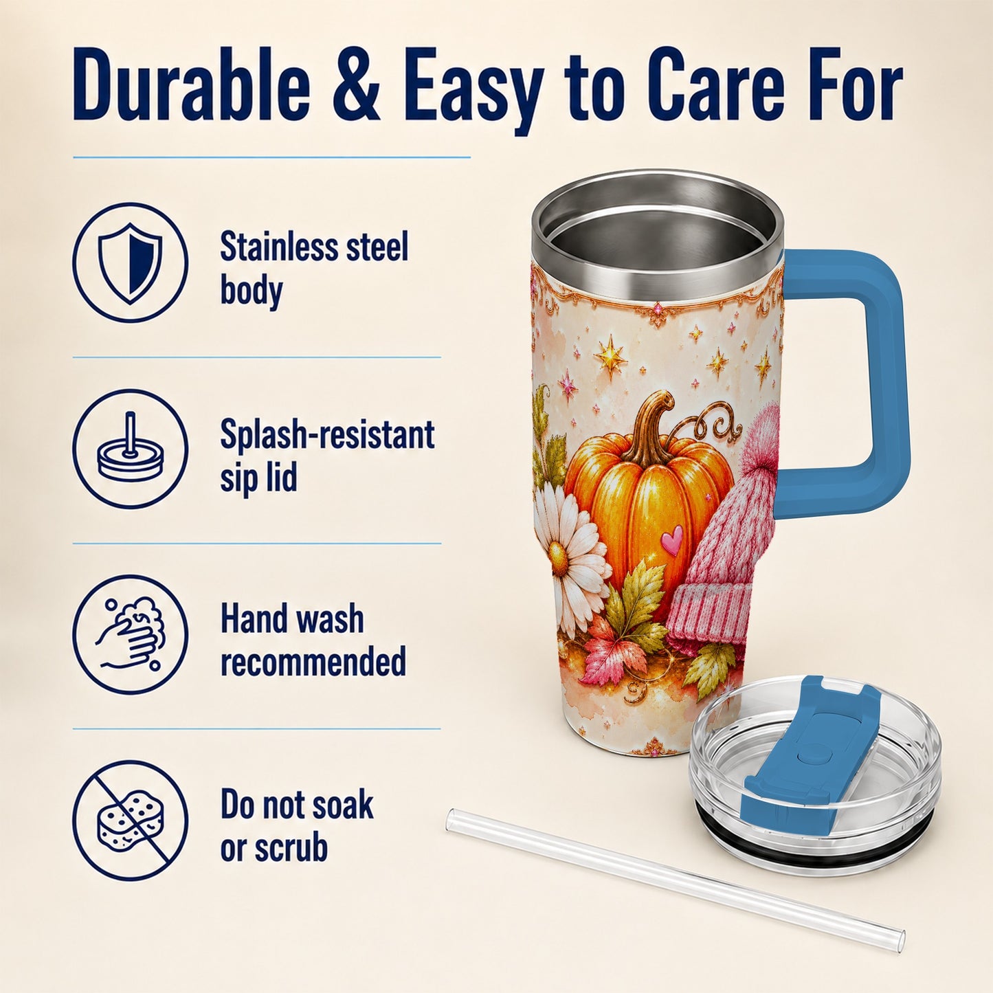 #pl[40oz|Blue] Pumpkin 40oz Tumbler with Handle, Autumn Stainless Steel Travel Cup