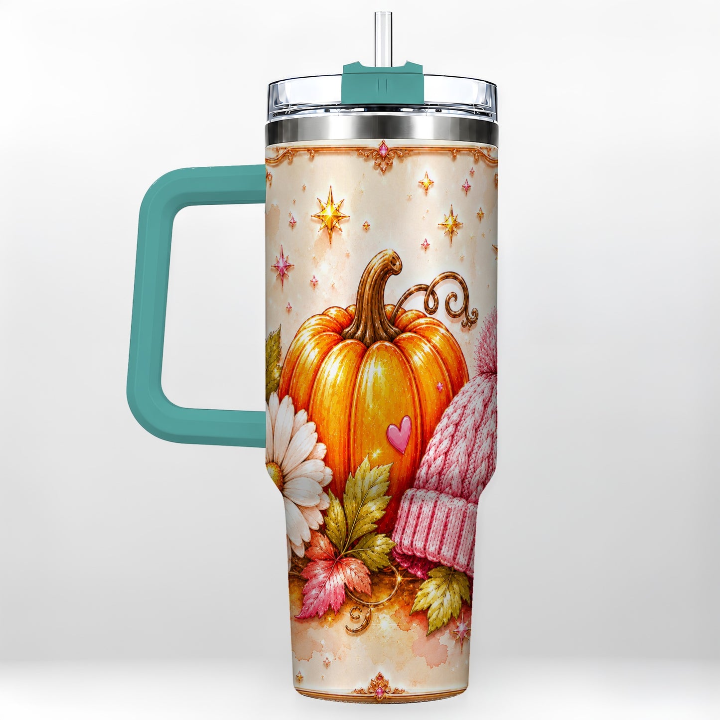 #pl[40oz|Green] Pumpkin 40oz Tumbler with Handle, Autumn Stainless Steel Travel Cup